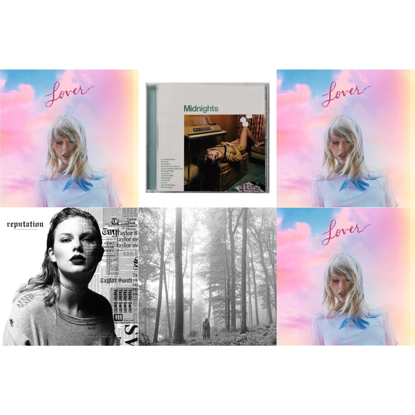 Taylor Swift - Folklore (Edited) & Midnights (X) (Jade Green CD) & Lover (Deluxe) (Version 1) & Lover (Deluxe) (Version 2) & Lover (Deluxe) (Version 4) & Reputation