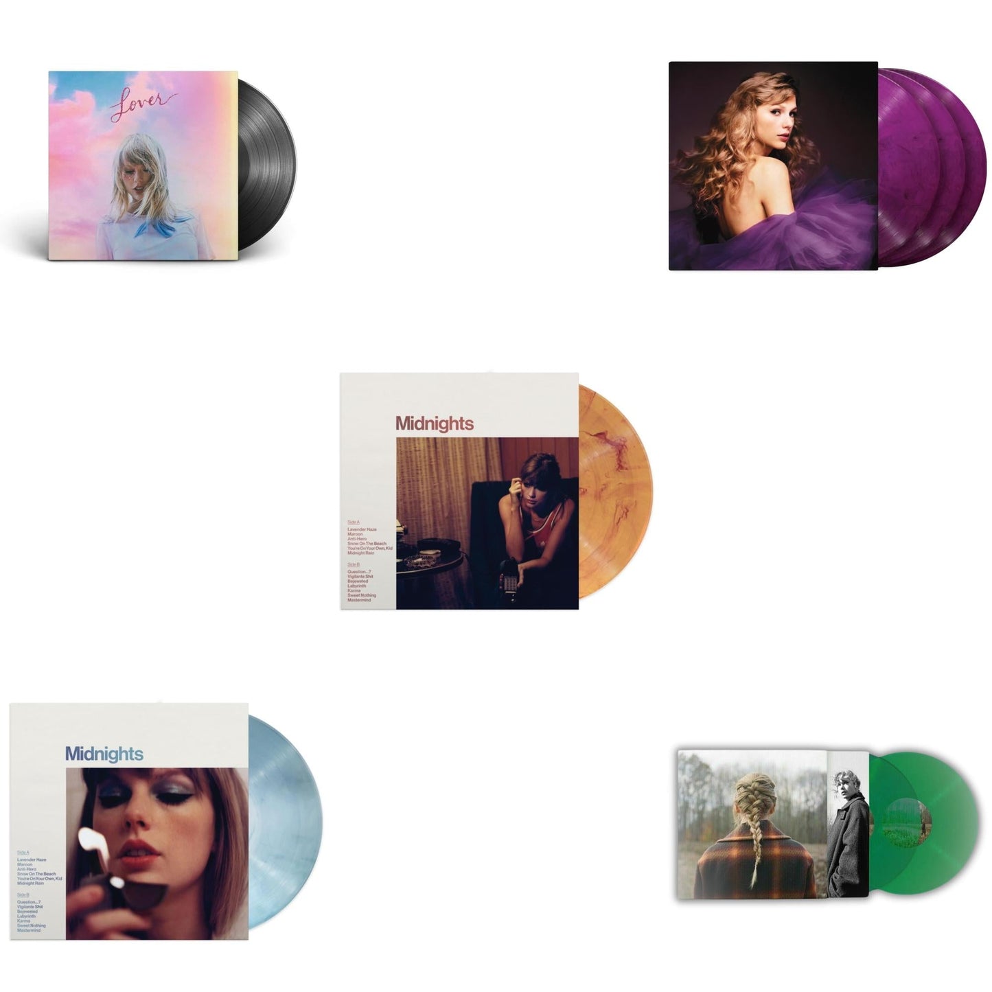 Taylor Swift - Taylor Swift - Evermore (Translucent Green Vinyl/2LP) & Midnights (X) (Moonstone Blue LP Vinyl) & Midnights (X) (Blood Moon LP Vinyl) & Speak Now (Taylor's Version) (Orchid Marbled Vinyl/3LP) & Lover (2LP)