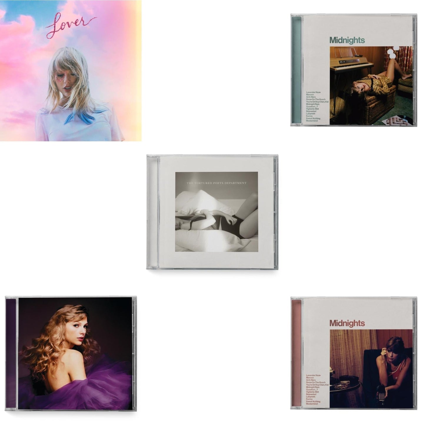 Taylor Swift - Midnights (X) (Jade Green CD) & Midnights (X) (Blood Moon CD) & Speak Now (Taylor's Version) (2CD) & Tortured Poets Department (X) (Manuscript- Bonus Track) & Lover (Deluxe) (Version 1)
