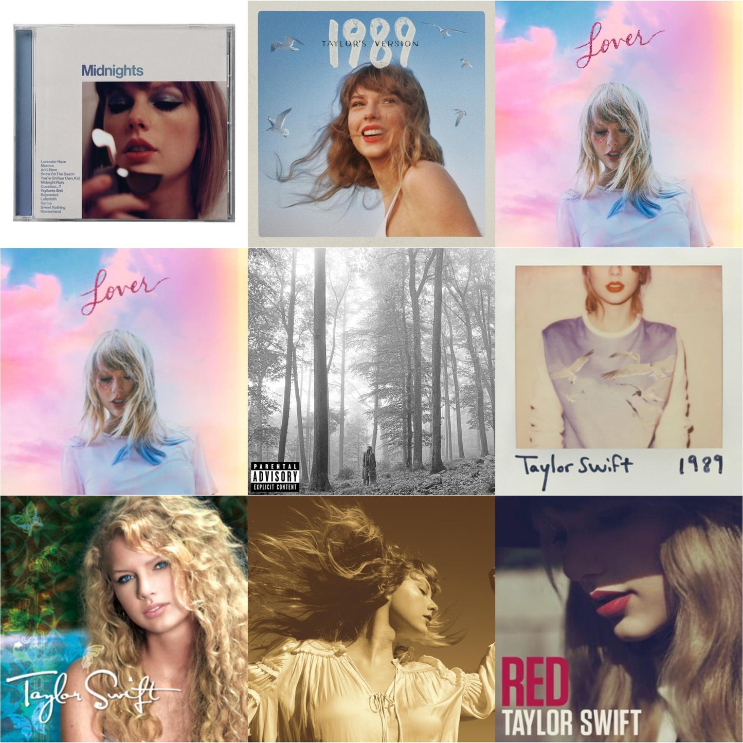 Taylor Swift - Folklore (X) & Fearless (Taylor's Version) (2CD) & Midnights (X) (Moonstone Blue CD) & 1989 (Taylor's Version) & Taylor Swift & Red & 1989 & Lover (Deluxe) (Version 2) & Lover