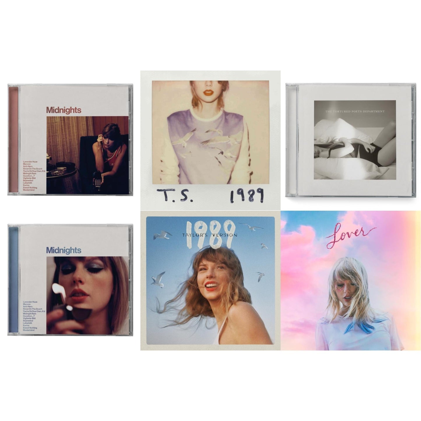Taylor Swift - Midnights (X) (Moonstone Blue CD) & Midnights (X) (Blood Moon CD) & 1989 (Taylor's Version) & Tortured Poets Department (X) (Manuscript- Bonus Track) & Lover (Deluxe) (Version 2) & 1989