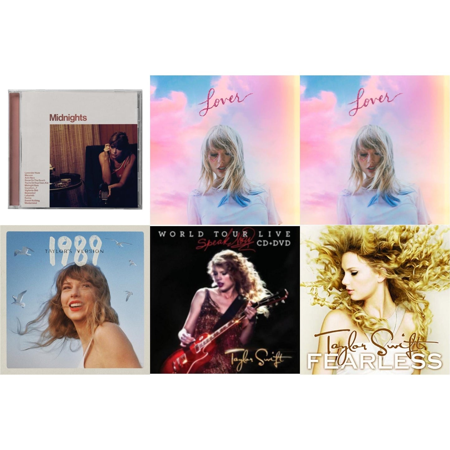 Taylor Swift - Midnights (X) (Blood Moon CD) & 1989 (Taylor's Version) & Speak Now World Tour Live (CD/DVD) & Lover (Deluxe) (Version 1) & Lover & Fearless