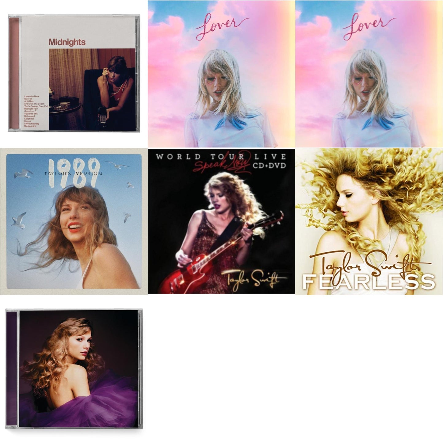 Taylor Swift - Midnights (X) (Blood Moon CD) & Speak Now (Taylor's Version) (2CD) & 1989 (Taylor's Version) & Speak Now World Tour Live (CD/DVD) & Lover (Deluxe) (Version 1) & Lover & Fearless