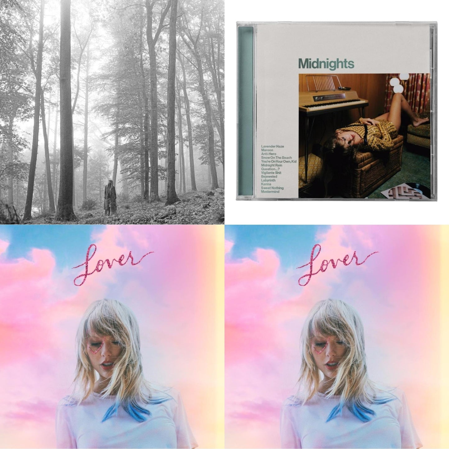 Taylor Swift - Folklore (Edited) & Midnights (X) (Jade Green CD) & Lover (Deluxe) (Version 1) & Lover (Deluxe) (Version 4)