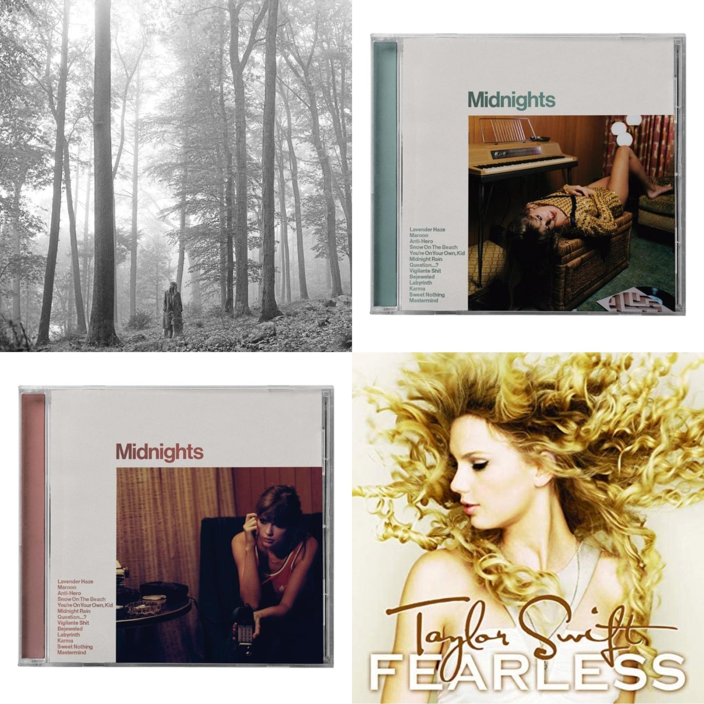 Taylor Swift - Folklore (Edited) & Midnights (X) (Jade Green CD) & Midnights (X) (Blood Moon CD) & Fearless