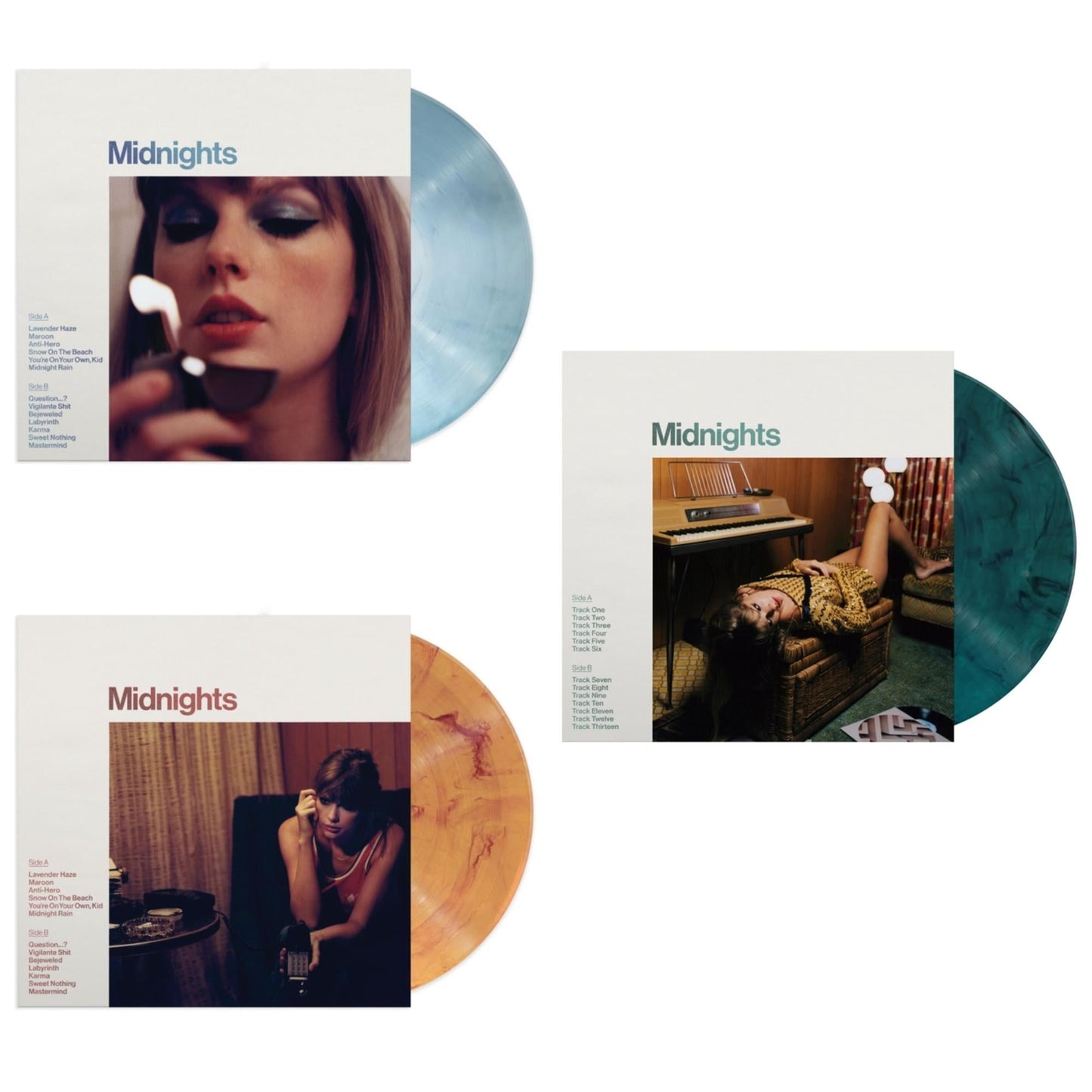 Taylor Swift - Midnights (X) (Moonstone Blue LP Vinyl) & Midnights (X) (Blood Moon LP Vinyl) & Midnights (X) (Jade Green LP Vinyl)