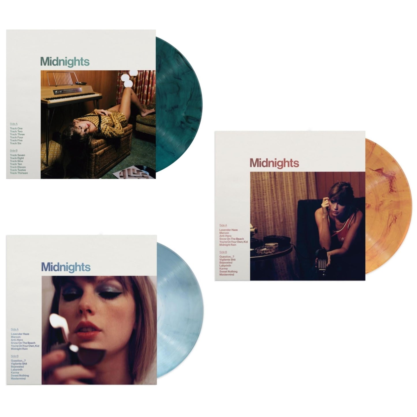 Taylor Swift - Midnights (X) (Jade Green LP Vinyl) & Midnights (X) (Moonstone Blue LP Vinyl) & Midnights (X) (Blood Moon LP Vinyl)