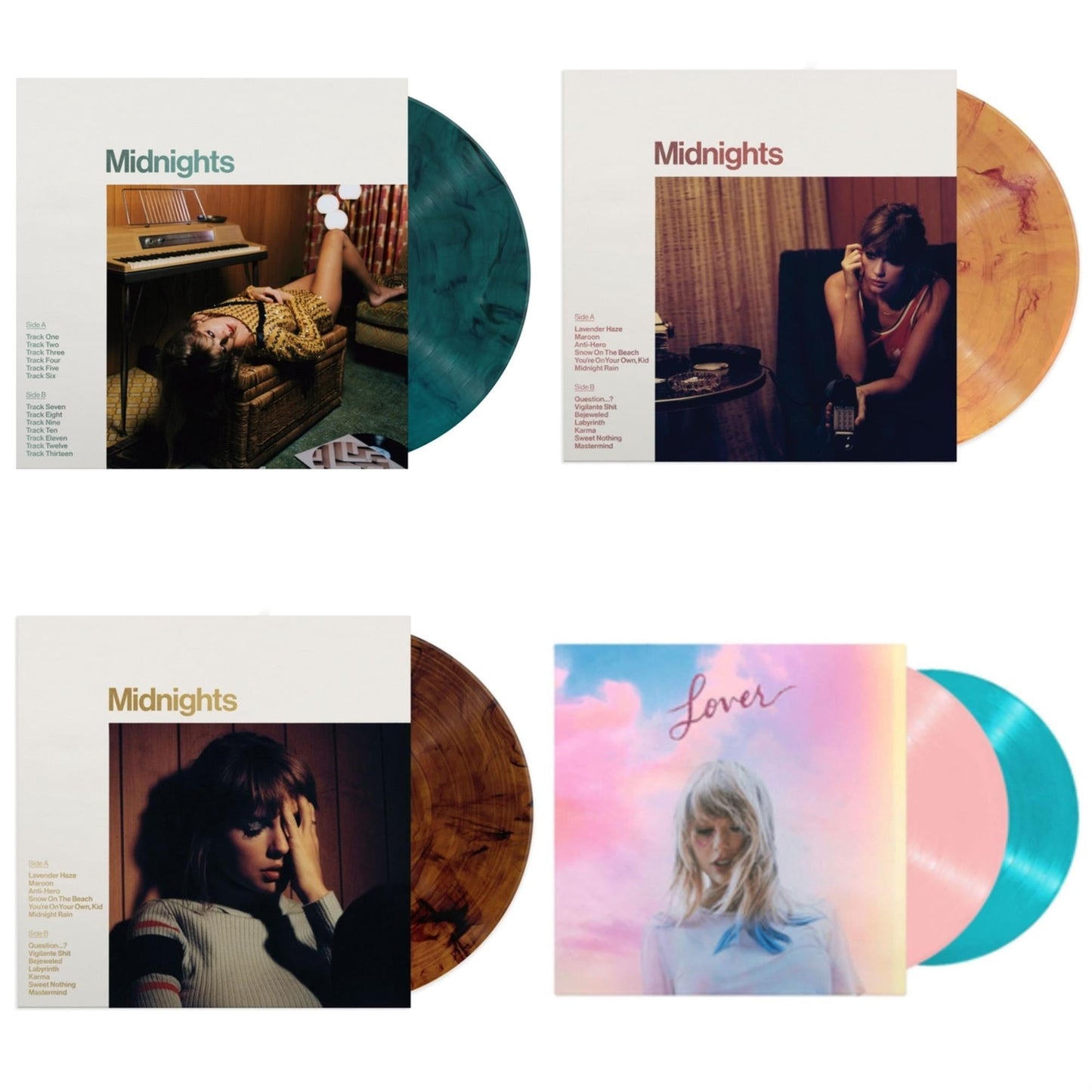 Taylor Swift - Midnights (X) (Jade Green LP Vinyl) & Midnights (X) (Blood Moon LP Vinyl) & Midnights (X) (Mahogany Color LP Vinyl) & Lover