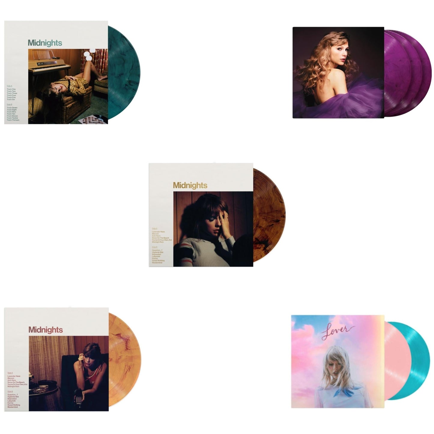 Taylor Swift - Midnights (X) (Jade Green LP Vinyl) & Midnights (X) (Blood Moon LP Vinyl) & Midnights (X) (Mahogany Color LP Vinyl) & Speak Now (Taylor's Version) (Orchid Marbled Vinyl/3LP) & Lover
