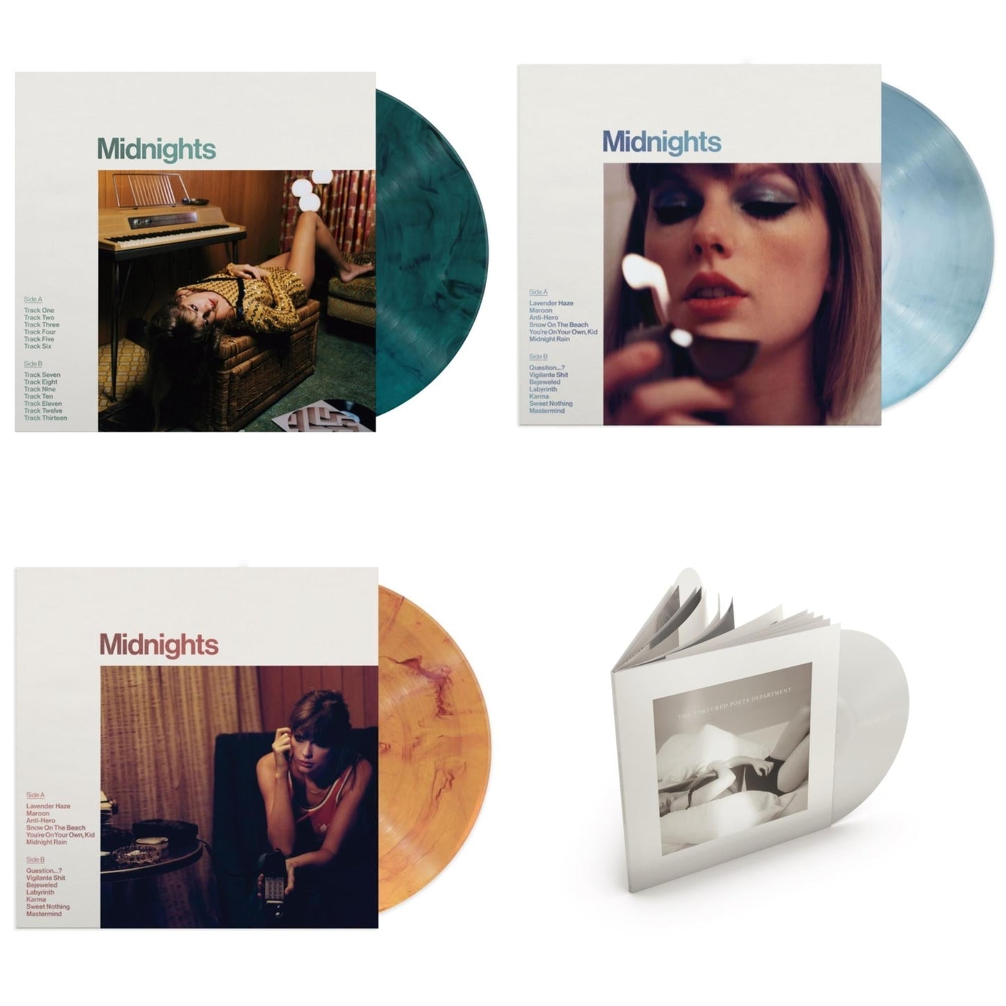 Taylor Swift - Midnights (X) (Moonstone Blue LP Vinyl) & Midnights (X) (Jade Green LP Vinyl) & Midnights (X) (Blood Moon LP Vinyl) & Tortured Poets Department (X) (Ghosted White Vinyl/2LP/Manuscript- Bonus Track)