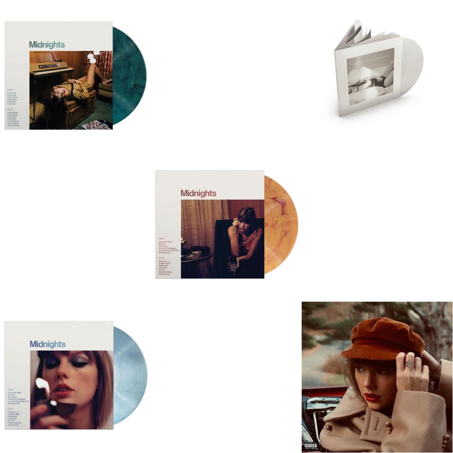 Taylor Swift - Red (Taylor's Version) (4LP) & Midnights (X) (Moonstone Blue LP Vinyl) & Midnights (X) (Jade Green LP Vinyl) & Midnights (X) (Blood Moon LP Vinyl) & Tortured Poets Department (X) (Ghosted White Vinyl/2LP/Manuscript- Bonus Track)