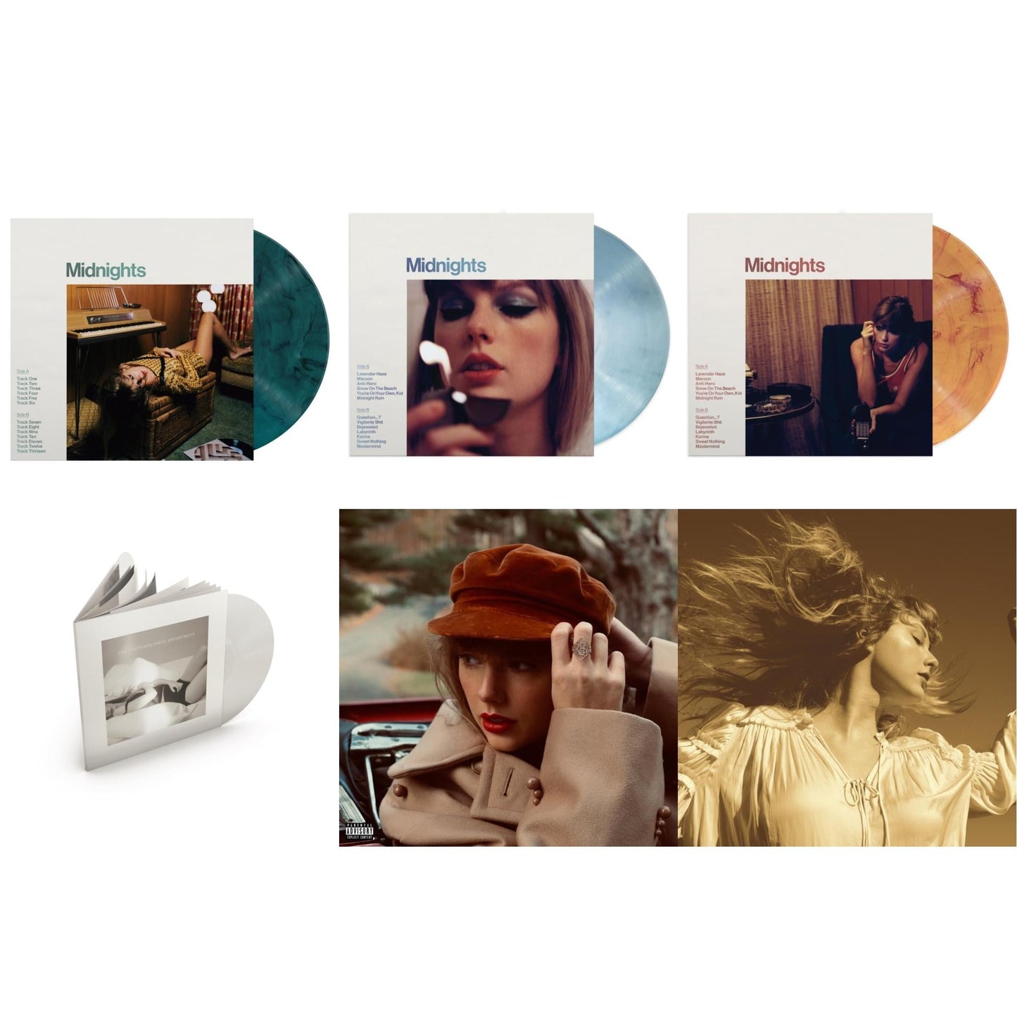 Taylor Swift - Fearless (Taylor's Version) (Gold Vinyl/3LP) & Red (Taylor's Version) (4LP) & Midnights (X) (Moonstone Blue LP Vinyl) & Midnights (X) (Jade Green LP Vinyl) & Midnights (X) (Blood Moon LP Vinyl) & Tortured Poets Department (X) (Ghosted