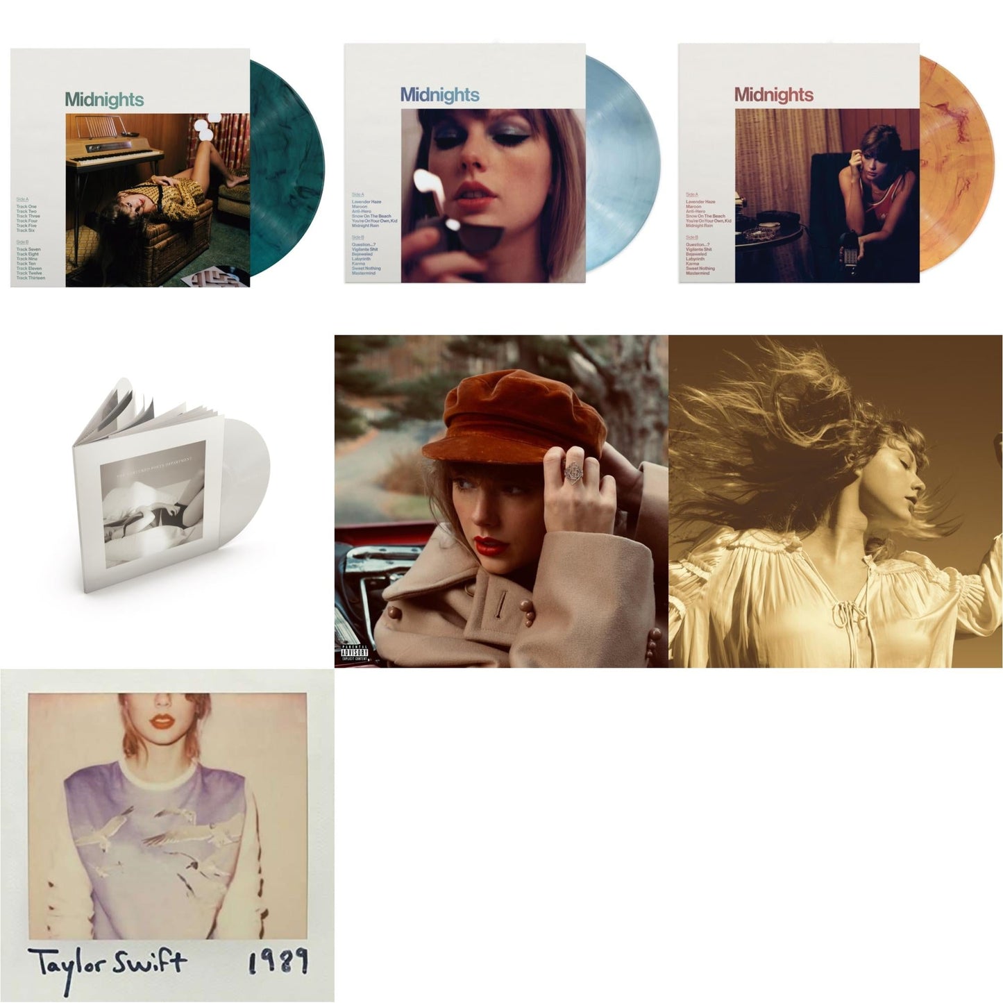 Taylor Swift - Fearless (Taylor's Version) (Gold Vinyl/3LP) & Red (Taylor's Version) (4LP) & Midnights (X) (Moonstone Blue LP Vinyl) & Midnights (X) (Jade Green LP Vinyl) & Midnights (X) (Blood Moon LP Vinyl) & Tortured Poets Department (X) (Ghosted