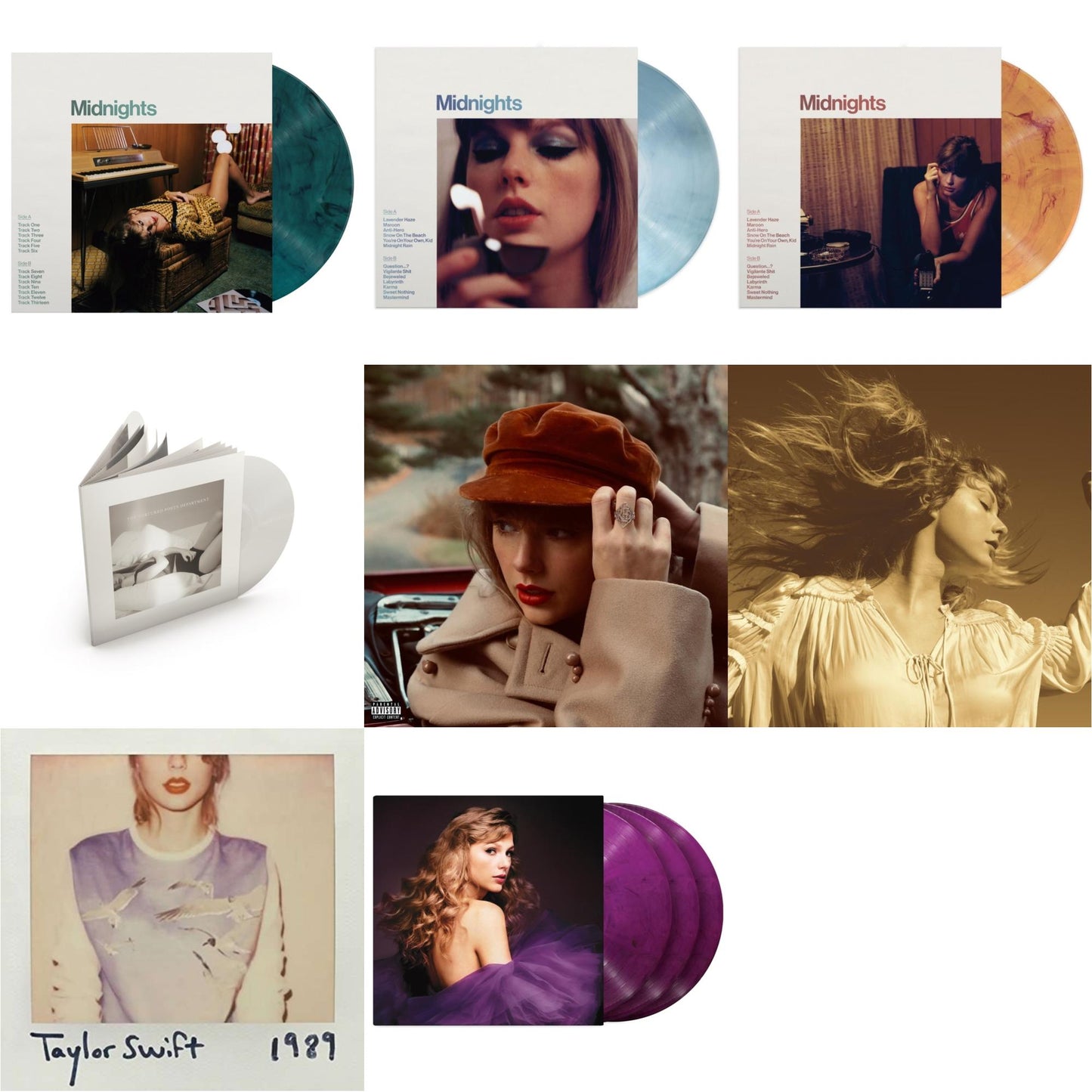 Taylor Swift - Fearless (Taylor's Version) (Gold Vinyl/3LP) & Red (Taylor's Version) (4LP) & Midnights (X) (Moonstone Blue LP Vinyl) & Midnights (X) (Jade Green LP Vinyl) & Midnights (X) (Blood Moon LP Vinyl) & Speak Now (Taylor's Version) (Orchid