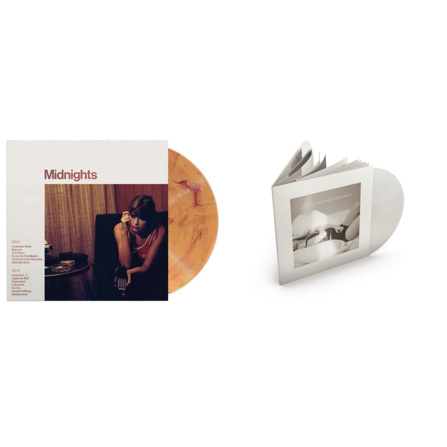 Taylor Swift - Midnights (X) (Blood Moon LP Vinyl) & Tortured Poets Department (X) (Ghosted White Vinyl/2LP/Manuscript- Bonus Track)