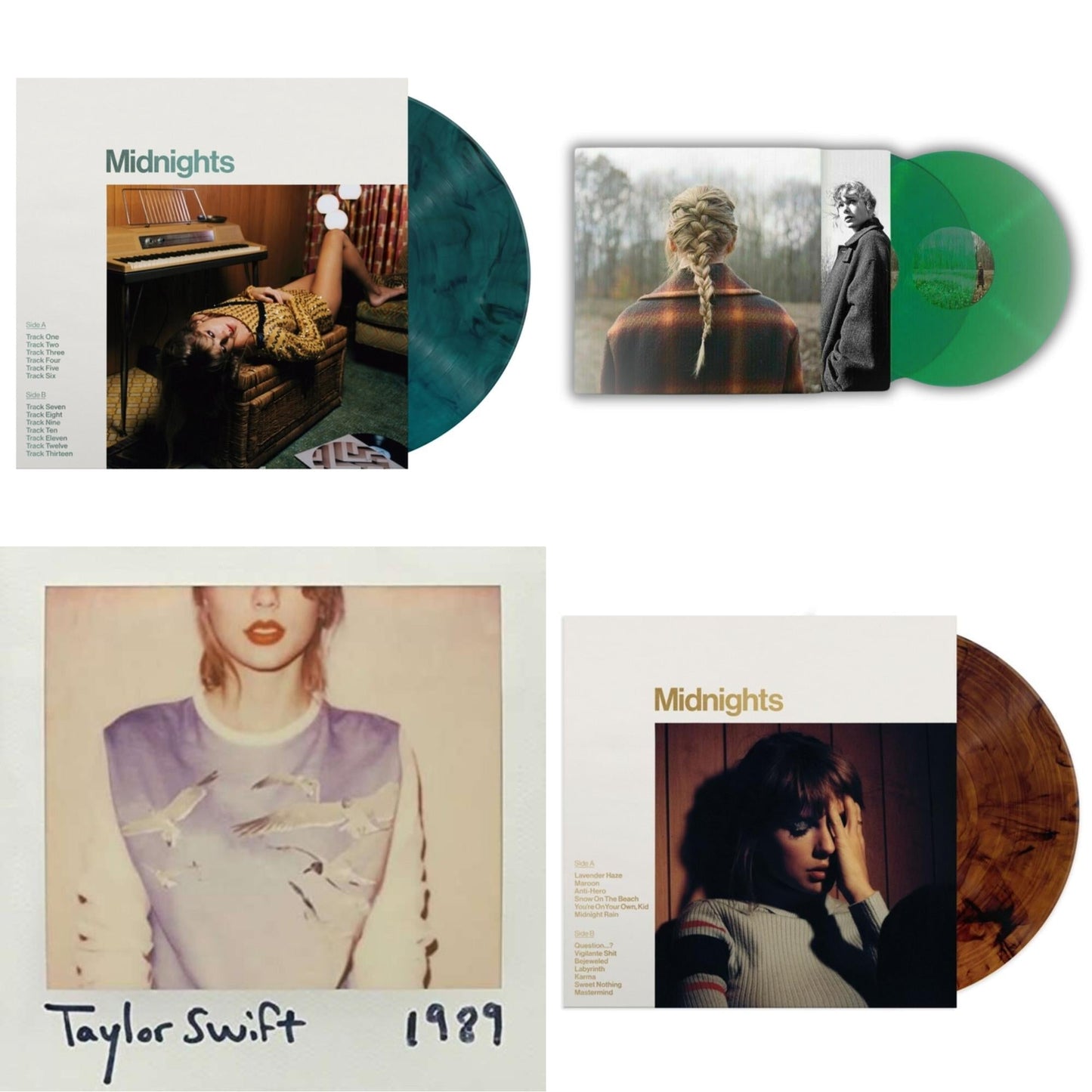 Taylor Swift - Taylor Swift - Evermore (Translucent Green Vinyl/2LP) & Midnights (X) (Jade Green LP Vinyl) & Midnights (X) (Mahogany Color LP Vinyl) & 1989