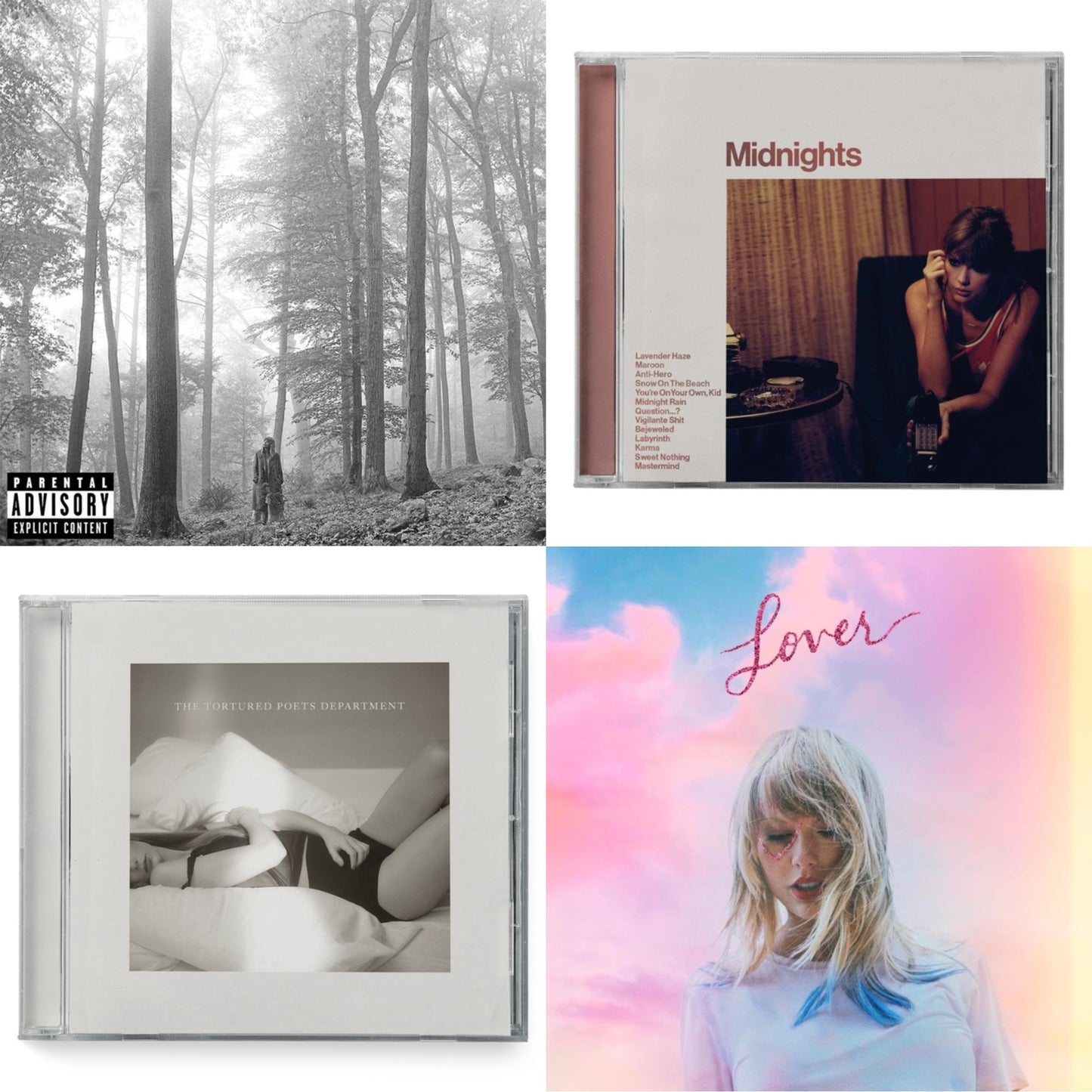 Taylor Swift - Folklore (X) & Midnights (X) (Blood Moon CD) & Tortured Poets Department (X) (Manuscript- Bonus Track) & Lover (Deluxe) (Version 4)