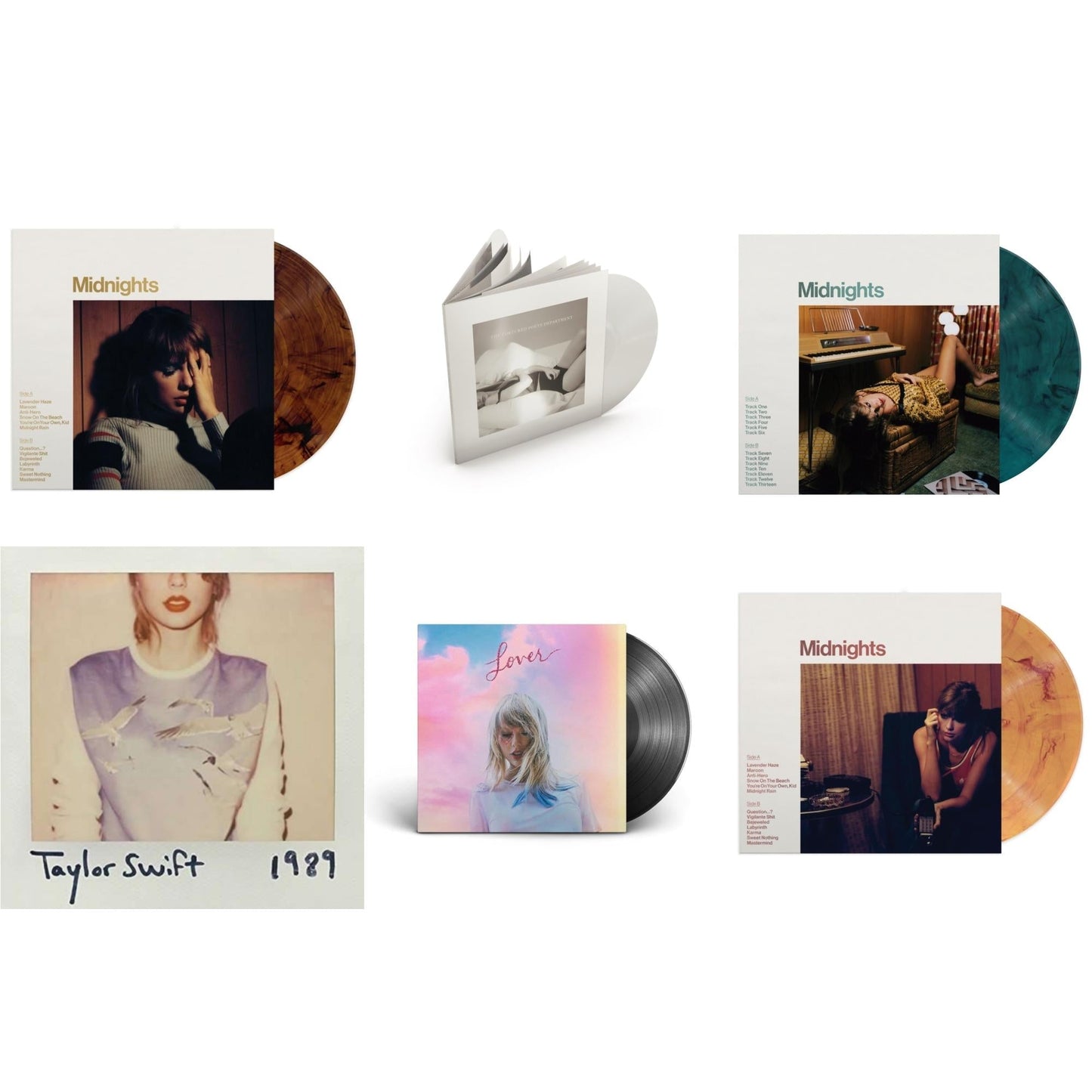 Taylor Swift - Midnights (X) (Jade Green LP Vinyl) & Midnights (X) (Blood Moon LP Vinyl) & Midnights (X) (Mahogany Color LP Vinyl) & Lover (2LP) & Tortured Poets Department (X) (Ghosted White Vinyl/2LP/Manuscript- Bonus Track) & 1989