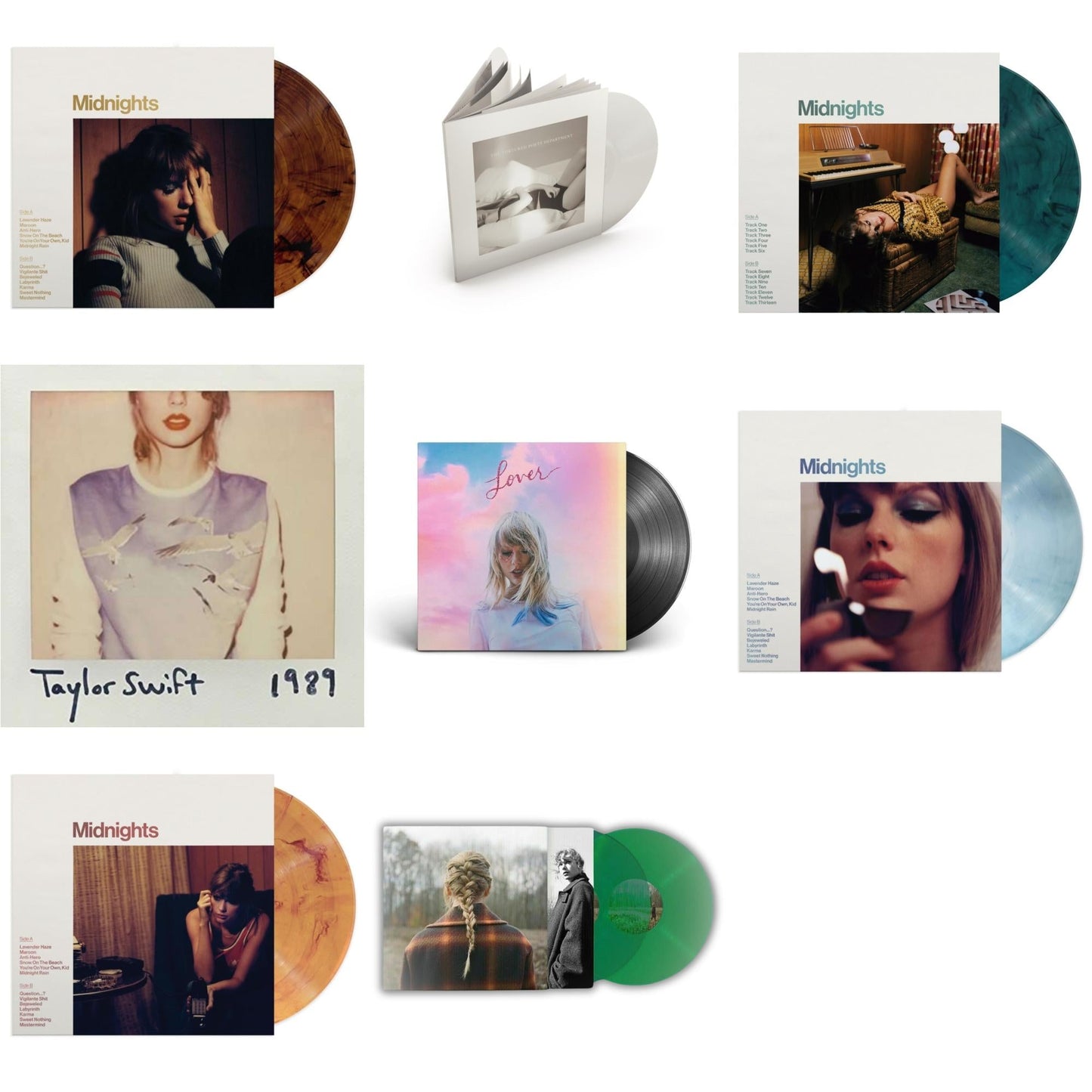 Taylor Swift - Taylor Swift - Evermore (Translucent Green Vinyl/2LP) & Midnights (X) (Moonstone Blue LP Vinyl) & Midnights (X) (Jade Green LP Vinyl) & Midnights (X) (Blood Moon LP Vinyl) & Midnights (X) (Mahogany Color LP Vinyl) & Lover (2LP) &