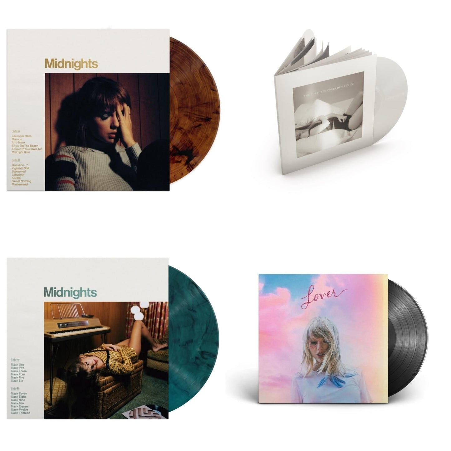 Taylor Swift - Midnights (X) (Jade Green LP Vinyl) & Midnights (X) (Mahogany Color LP Vinyl) & Lover (2LP) & Tortured Poets Department (X) (Ghosted White Vinyl/2LP/Manuscript- Bonus Track)