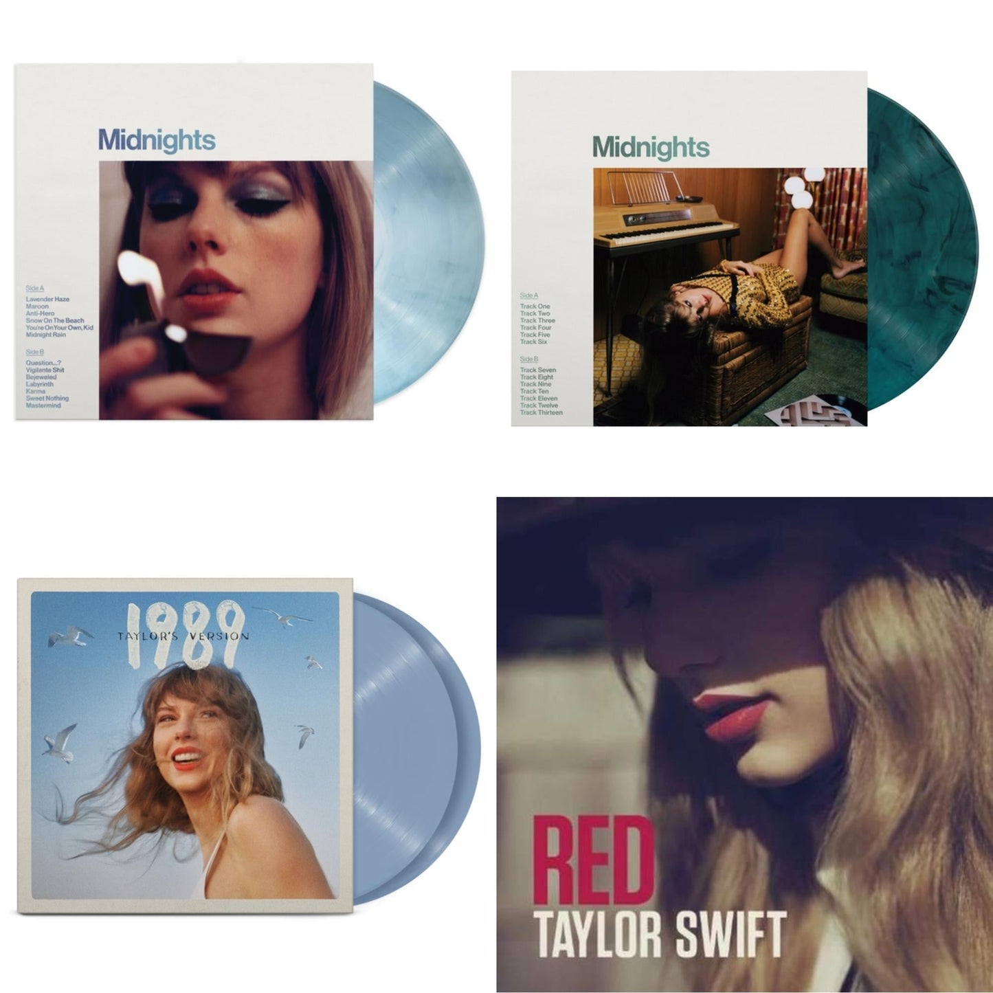 Taylor Swift - Midnights (X) (Moonstone Blue LP Vinyl) & Midnights (X) (Jade Green LP Vinyl) & 1989 (Taylor's Version) (2LP/Crystal Skies Blue Vinyl) & Red