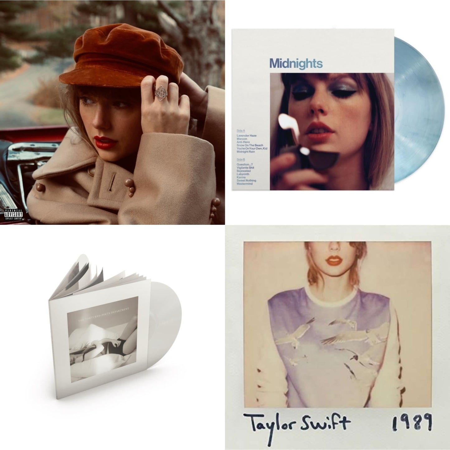 Taylor Swift - Red (Taylor's Version) (4LP) & Midnights (X) (Moonstone Blue LP Vinyl) & Tortured Poets Department (X) (Ghosted White Vinyl/2LP/Manuscript- Bonus Track) & 1989