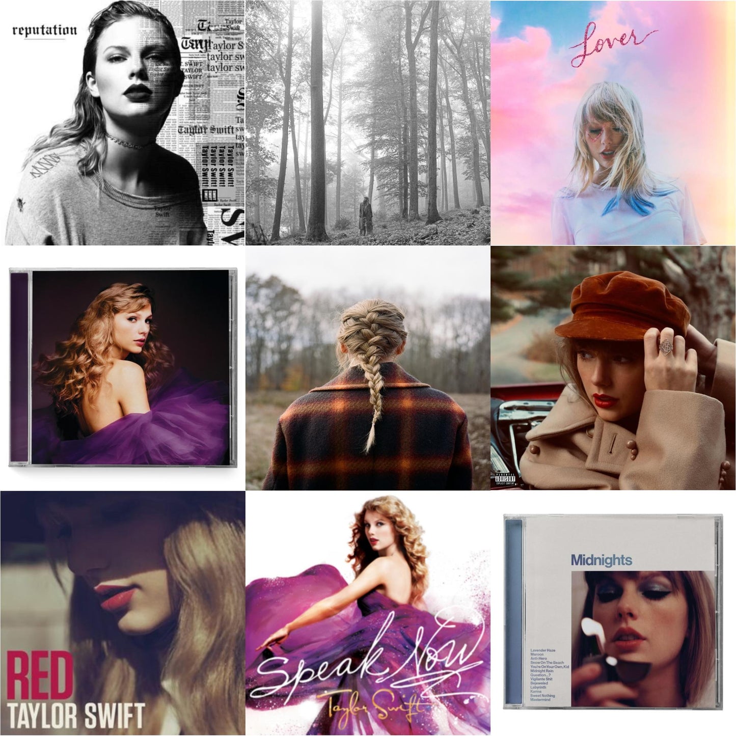 Taylor Swift - Folklore (Edited) & Evermore (X) & Red (Taylor's Version) (Edited) (2CD) & Midnights (X) (Moonstone Blue CD) & Speak Now (Taylor's Version) (2CD) & Speak Now & Red & Lover (Deluxe) (Version 4) & Reputation