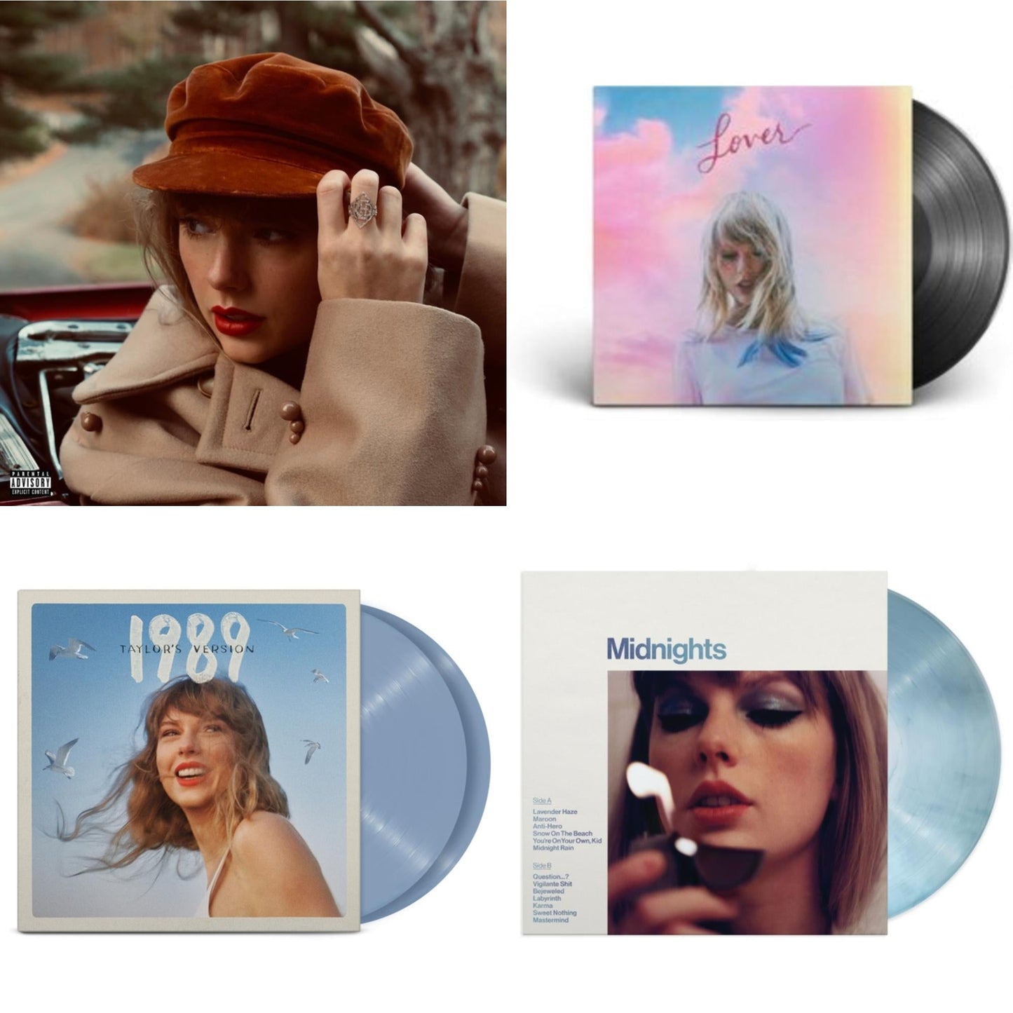 Taylor Swift - Red (Taylor's Version) (4LP) & Midnights (X) (Moonstone Blue LP Vinyl) & 1989 (Taylor's Version) (2LP/Crystal Skies Blue Vinyl) & Lover (2LP)