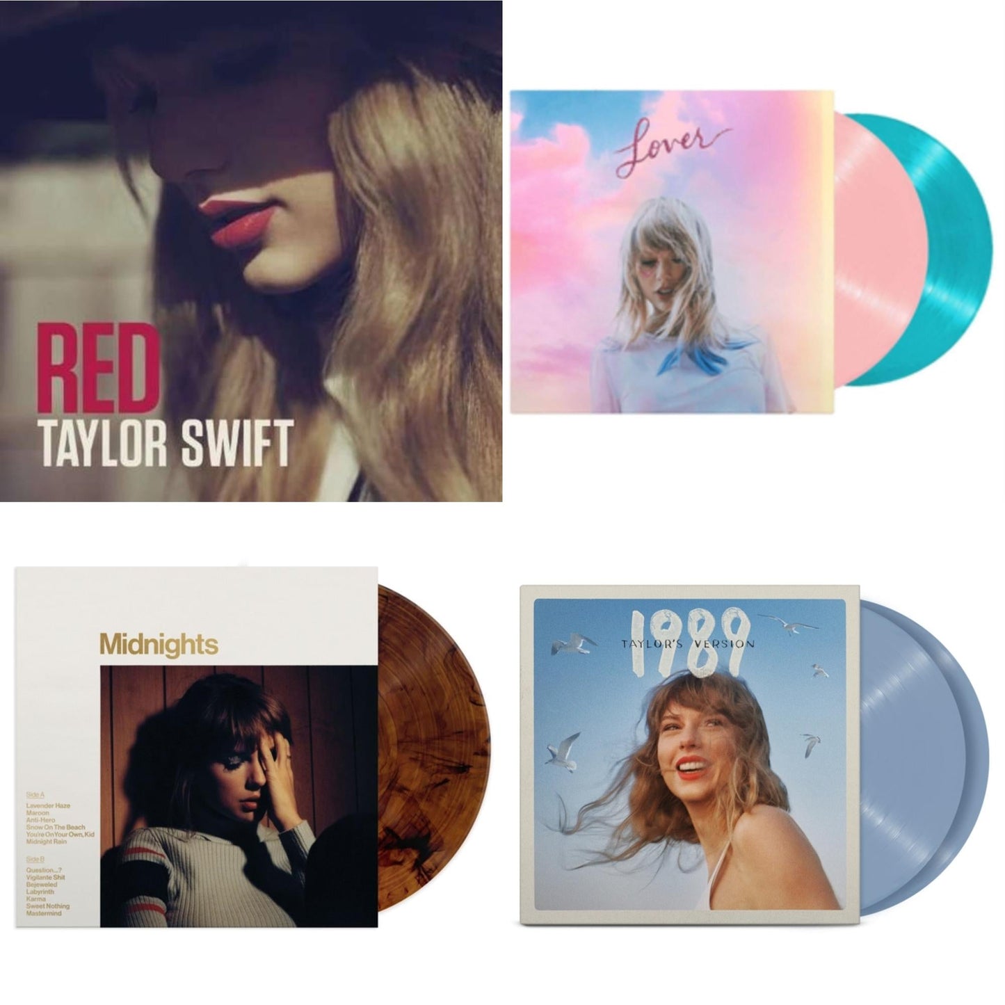 Taylor Swift - Midnights (X) (Mahogany Color LP Vinyl) & 1989 (Taylor's Version) (2LP/Crystal Skies Blue Vinyl) & Lover & Red