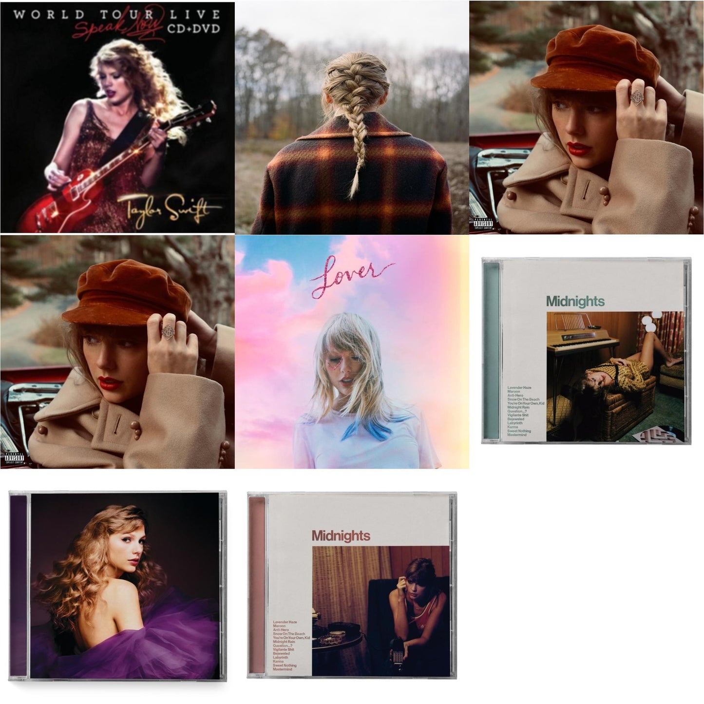 Taylor Swift - Evermore (X) & Red (Taylor's Version) (X) (2CD) & Red (Taylor's Version) (Edited) (2CD) & Midnights (X) (Jade Green CD) & Midnights (X) (Blood Moon CD) & Speak Now (Taylor's Version) (2CD) & Speak Now World Tour Live (CD/DVD) & Lover