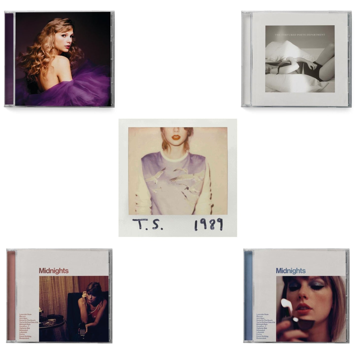 Taylor Swift - Midnights (X) (Moonstone Blue CD) & Midnights (X) (Blood Moon CD) & Speak Now (Taylor's Version) (2CD) & Tortured Poets Department (X) (Manuscript- Bonus Track) & 1989