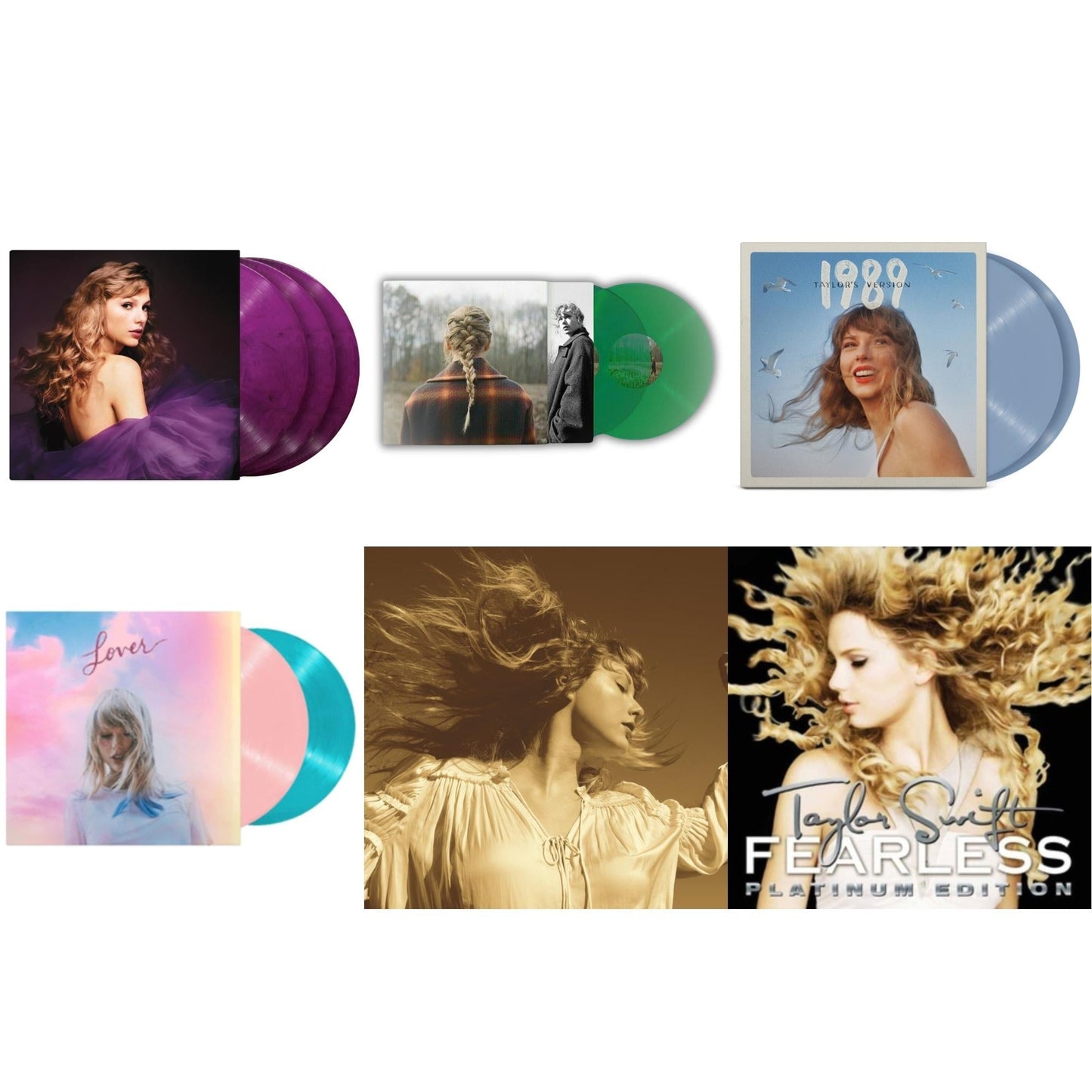 Taylor Swift - Taylor Swift - Evermore (Translucent Green Vinyl/2LP) & Fearless (Taylor's Version) (Gold Vinyl/3LP) & Speak Now (Taylor's Version) (Orchid Marbled Vinyl/3LP) & 1989 (Taylor's Version) (2LP/Crystal Skies Blue Vinyl) & Lover & Fearless
