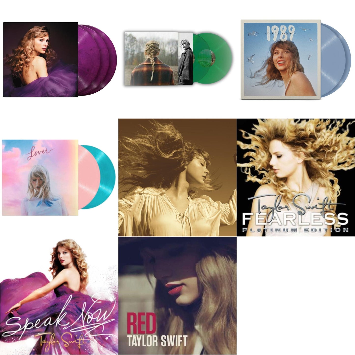 Taylor Swift - Taylor Swift - Evermore (Translucent Green Vinyl/2LP) & Fearless (Taylor's Version) (Gold Vinyl/3LP) & Speak Now (Taylor's Version) (Orchid Marbled Vinyl/3LP) & 1989 (Taylor's Version) (2LP/Crystal Skies Blue Vinyl) & Lover & Speak Now