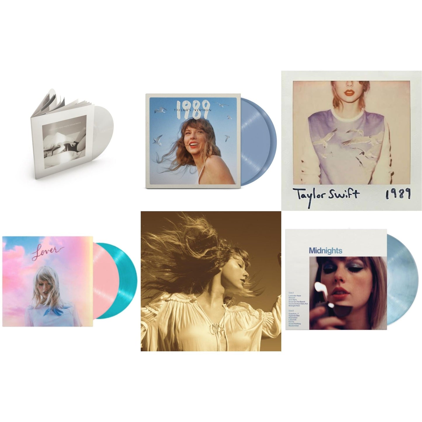 Taylor Swift - Fearless (Taylor's Version) (Gold Vinyl/3LP) & Midnights (X) (Moonstone Blue LP Vinyl) & 1989 (Taylor's Version) (2LP/Crystal Skies Blue Vinyl) & Tortured Poets Department (X) (Ghosted White Vinyl/2LP/Manuscript- Bonus Track) & Lover &