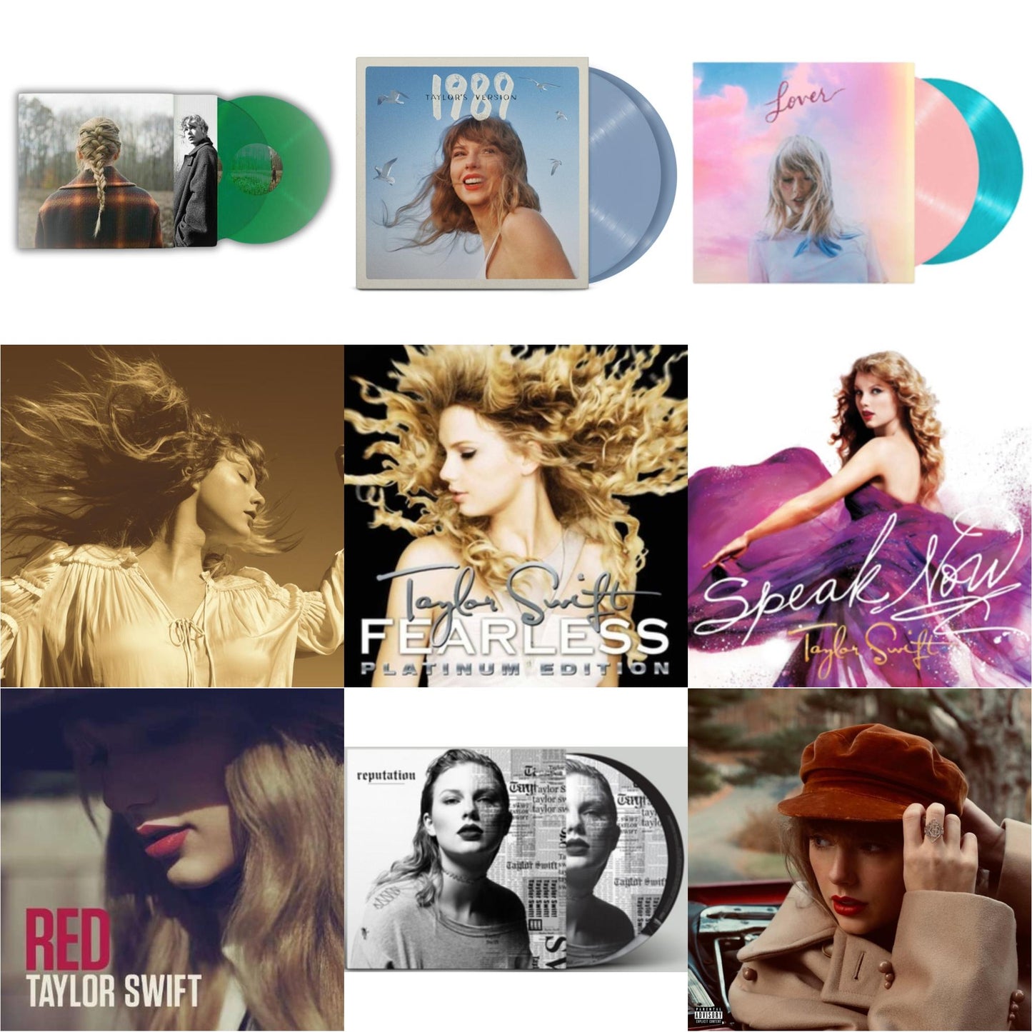 Taylor Swift - Taylor Swift - Evermore (Translucent Green Vinyl/2LP) & Fearless (Taylor's Version) (Gold Vinyl/3LP) & Red (Taylor's Version) (4LP) & 1989 (Taylor's Version) (2LP/Crystal Skies Blue Vinyl) & Lover & Speak Now & Red & Fearless Platinum