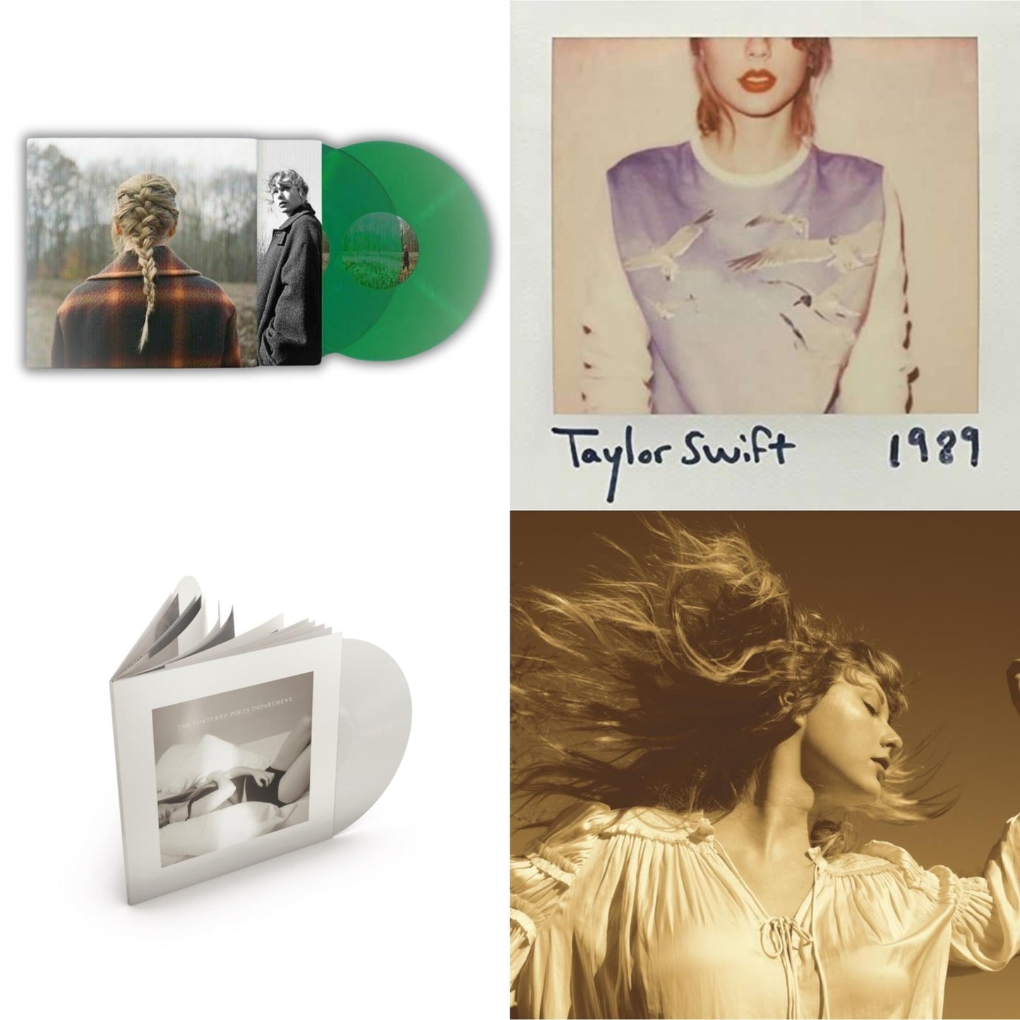 Taylor Swift - Taylor Swift - Evermore (Translucent Green Vinyl/2LP) & Fearless (Taylor's Version) (Gold Vinyl/3LP) & Tortured Poets Department (X) (Ghosted White Vinyl/2LP/Manuscript- Bonus Track) & 1989