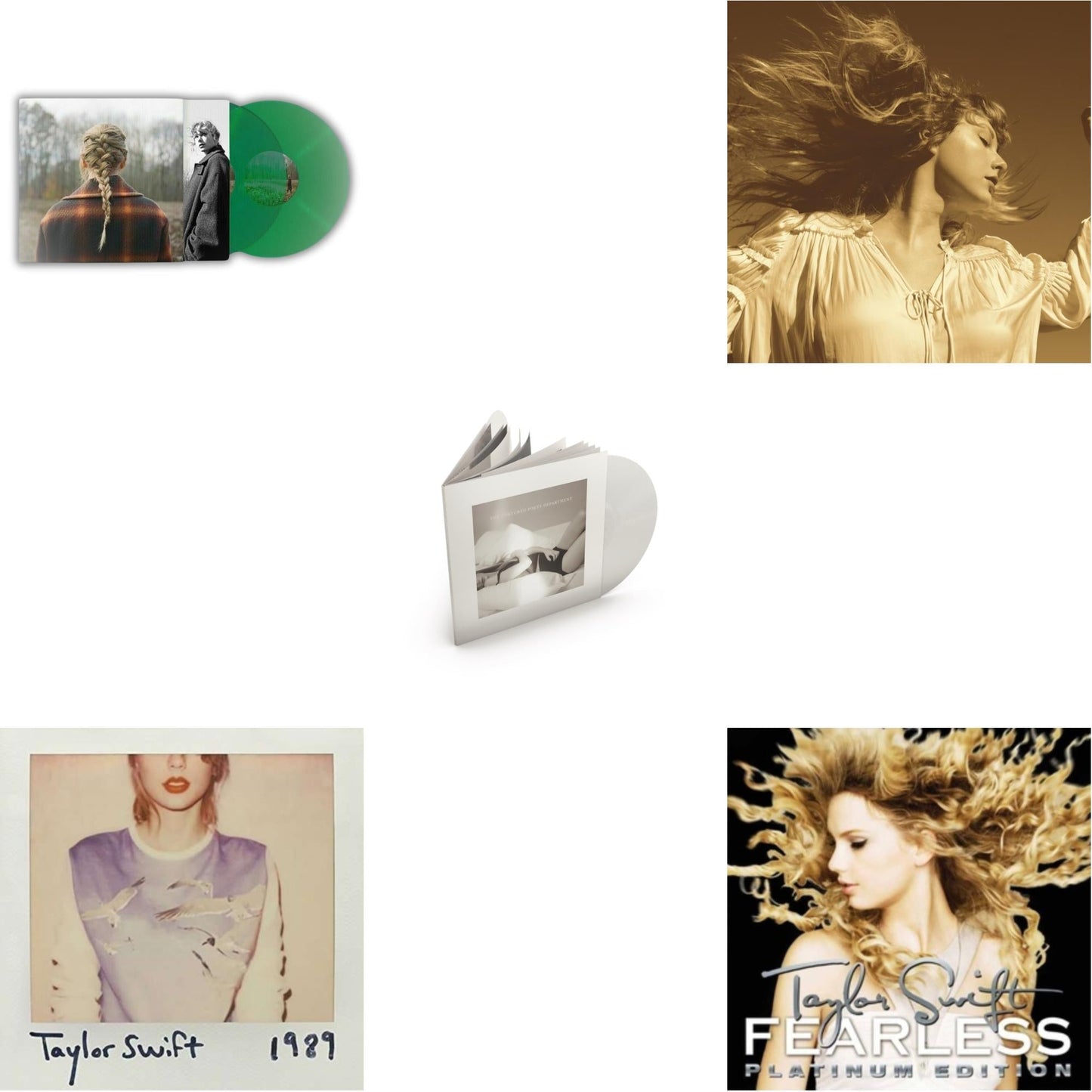 Taylor Swift - Taylor Swift - Evermore (Translucent Green Vinyl/2LP) & Fearless (Taylor's Version) (Gold Vinyl/3LP) & Tortured Poets Department (X) (Ghosted White Vinyl/2LP/Manuscript- Bonus Track) & 1989 & Fearless Platinum Edition