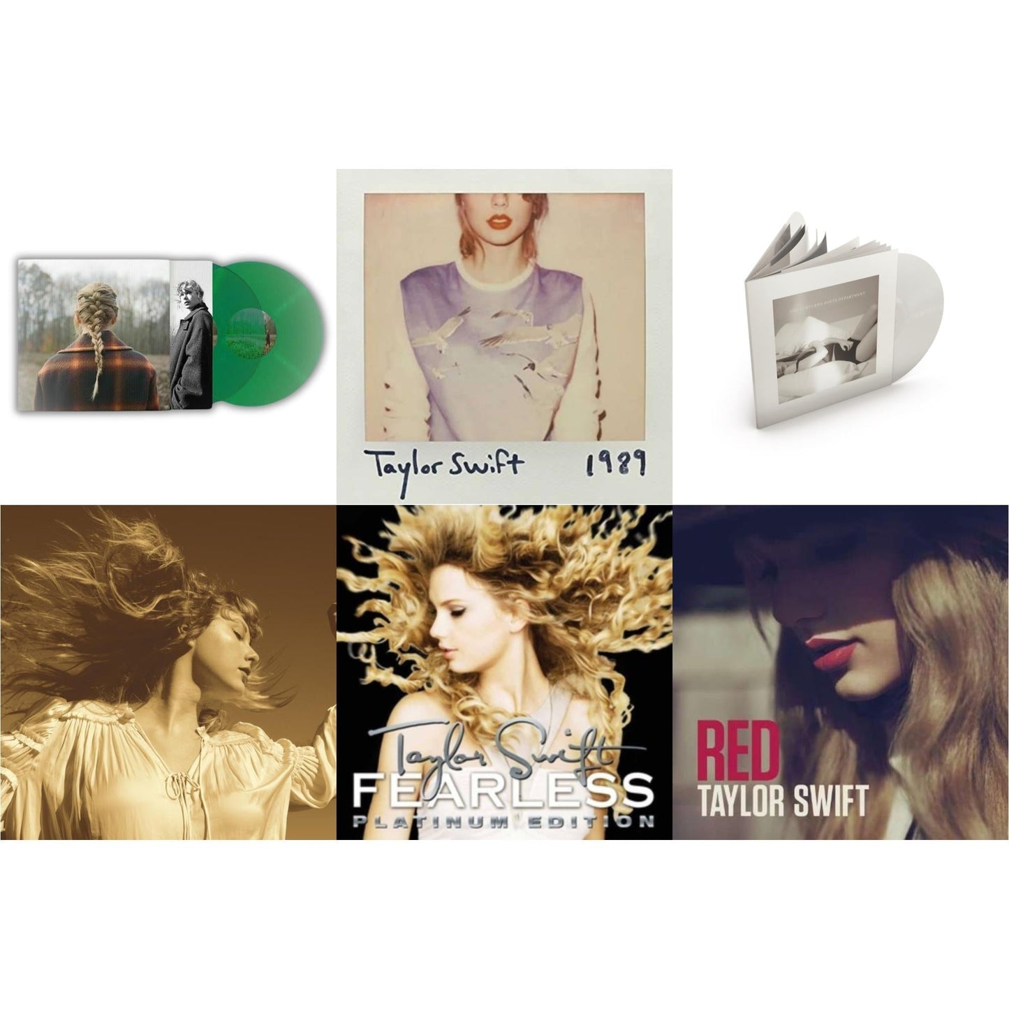 Taylor Swift - Taylor Swift - Evermore (Translucent Green Vinyl/2LP) & Fearless (Taylor's Version) (Gold Vinyl/3LP) & Tortured Poets Department (X) (Ghosted White Vinyl/2LP/Manuscript- Bonus Track) & 1989 & Red & Fearless Platinum Edition