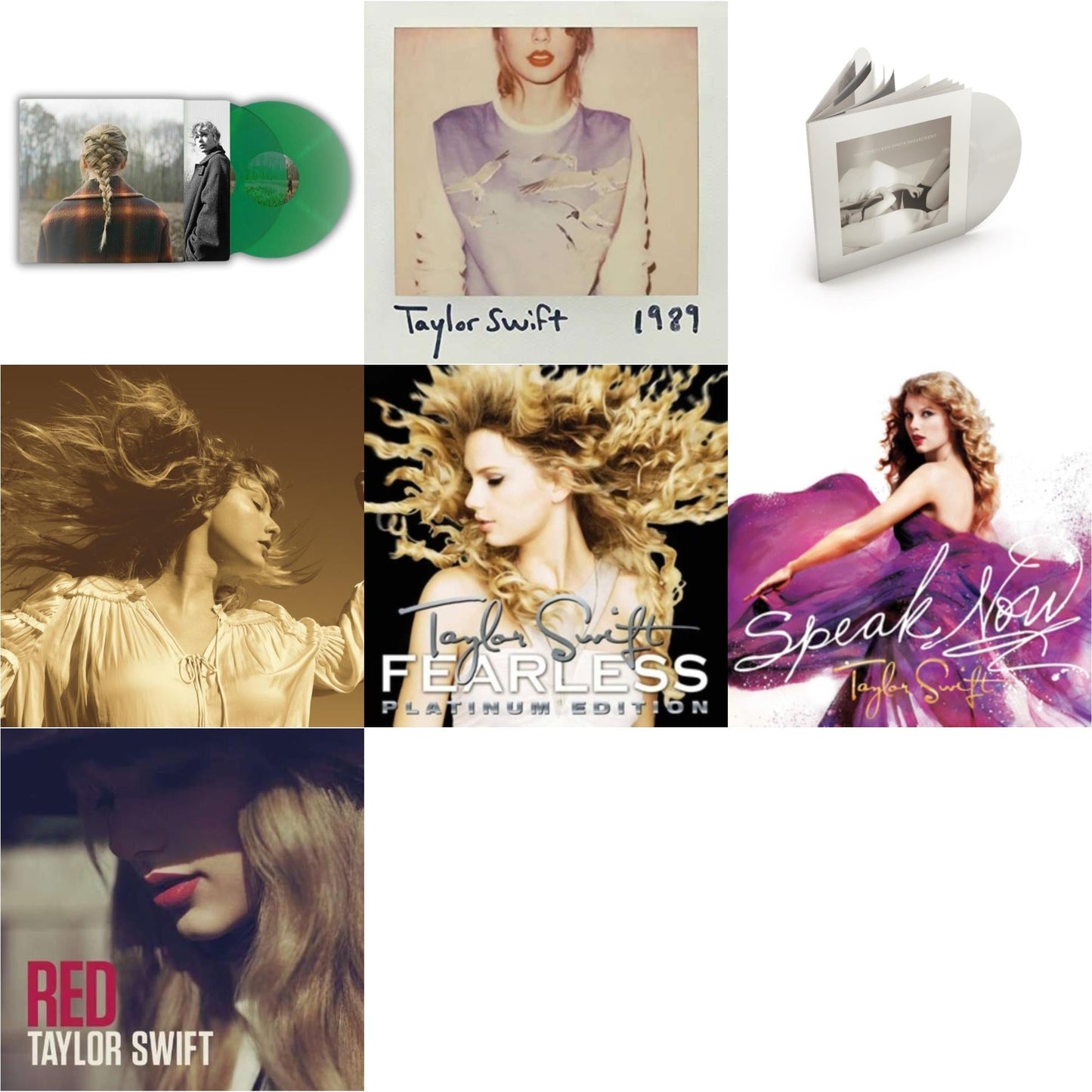 Taylor Swift - Taylor Swift - Evermore (Translucent Green Vinyl/2LP) & Fearless (Taylor's Version) (Gold Vinyl/3LP) & Tortured Poets Department (X) (Ghosted White Vinyl/2LP/Manuscript- Bonus Track) & 1989 & Speak Now & Red & Fearless Platinum Edition