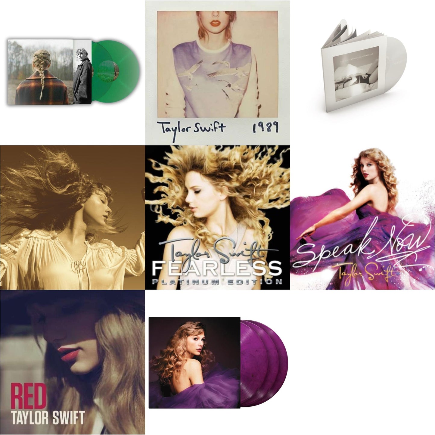Taylor Swift - Taylor Swift - Evermore (Translucent Green Vinyl/2LP) & Fearless (Taylor's Version) (Gold Vinyl/3LP) & Speak Now (Taylor's Version) (Orchid Marbled Vinyl/3LP) & Tortured Poets Department (X) (Ghosted White Vinyl/2LP/Manuscript- Bonus