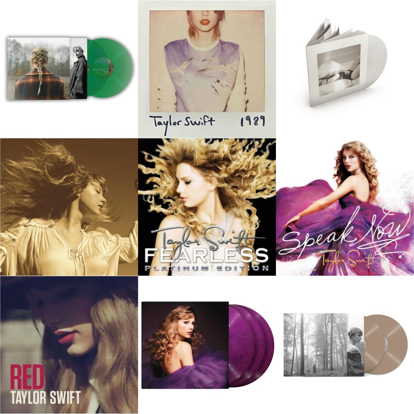 Taylor Swift - Folklore (X) (Beige Vinyl/2LP) & Taylor Swift - Evermore (Translucent Green Vinyl/2LP) & Fearless (Taylor's Version) (Gold Vinyl/3LP) & Speak Now (Taylor's Version) (Orchid Marbled Vinyl/3LP) & Tortured Poets Department (X) (Ghosted