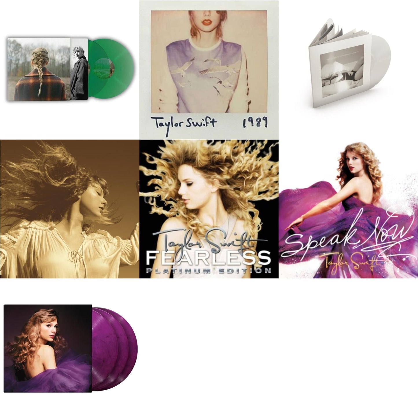Taylor Swift - Taylor Swift - Evermore (Translucent Green Vinyl/2LP) & Fearless (Taylor's Version) (Gold Vinyl/3LP) & Speak Now (Taylor's Version) (Orchid Marbled Vinyl/3LP) & Tortured Poets Department (X) (Ghosted White Vinyl/2LP/Manuscript- Bonus