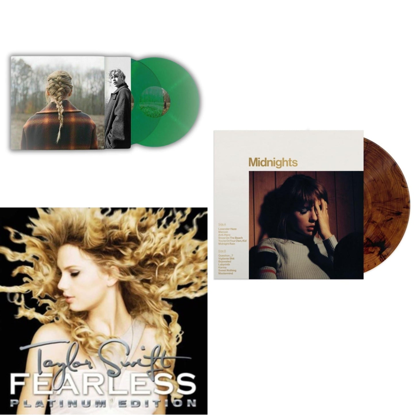 Taylor Swift - Taylor Swift - Evermore (Translucent Green Vinyl/2LP) & Midnights (X) (Mahogany Color LP Vinyl) & Fearless Platinum Edition