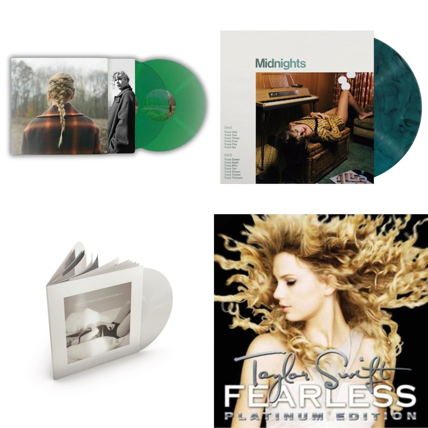 Taylor Swift - Taylor Swift - Evermore (Translucent Green Vinyl/2LP) & Midnights (X) (Jade Green LP Vinyl) & Tortured Poets Department (X) (Ghosted White Vinyl/2LP/Manuscript- Bonus Track) & Fearless Platinum Edition