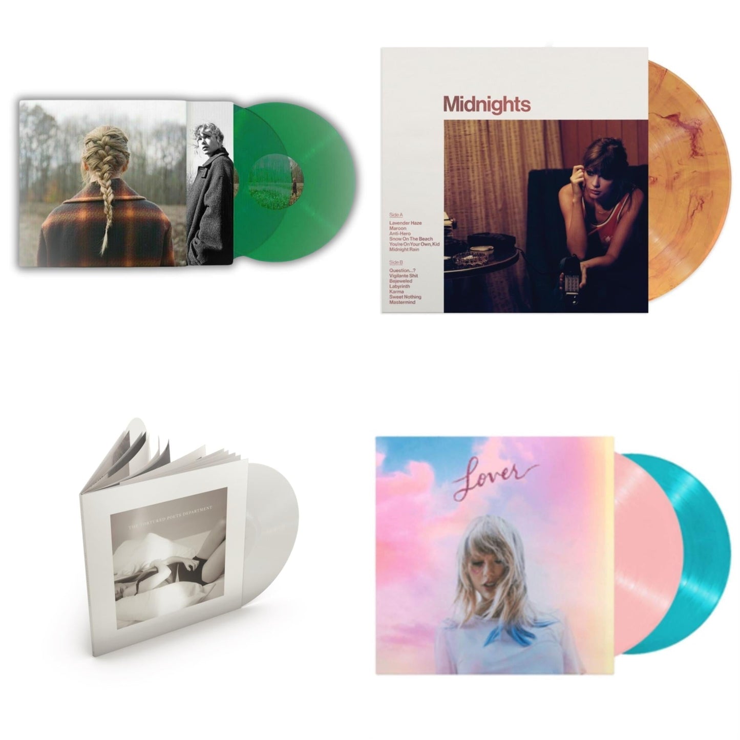 Taylor Swift - Taylor Swift - Evermore (Translucent Green Vinyl/2LP) & Midnights (X) (Blood Moon LP Vinyl) & Tortured Poets Department (X) (Ghosted White Vinyl/2LP/Manuscript- Bonus Track) & Lover