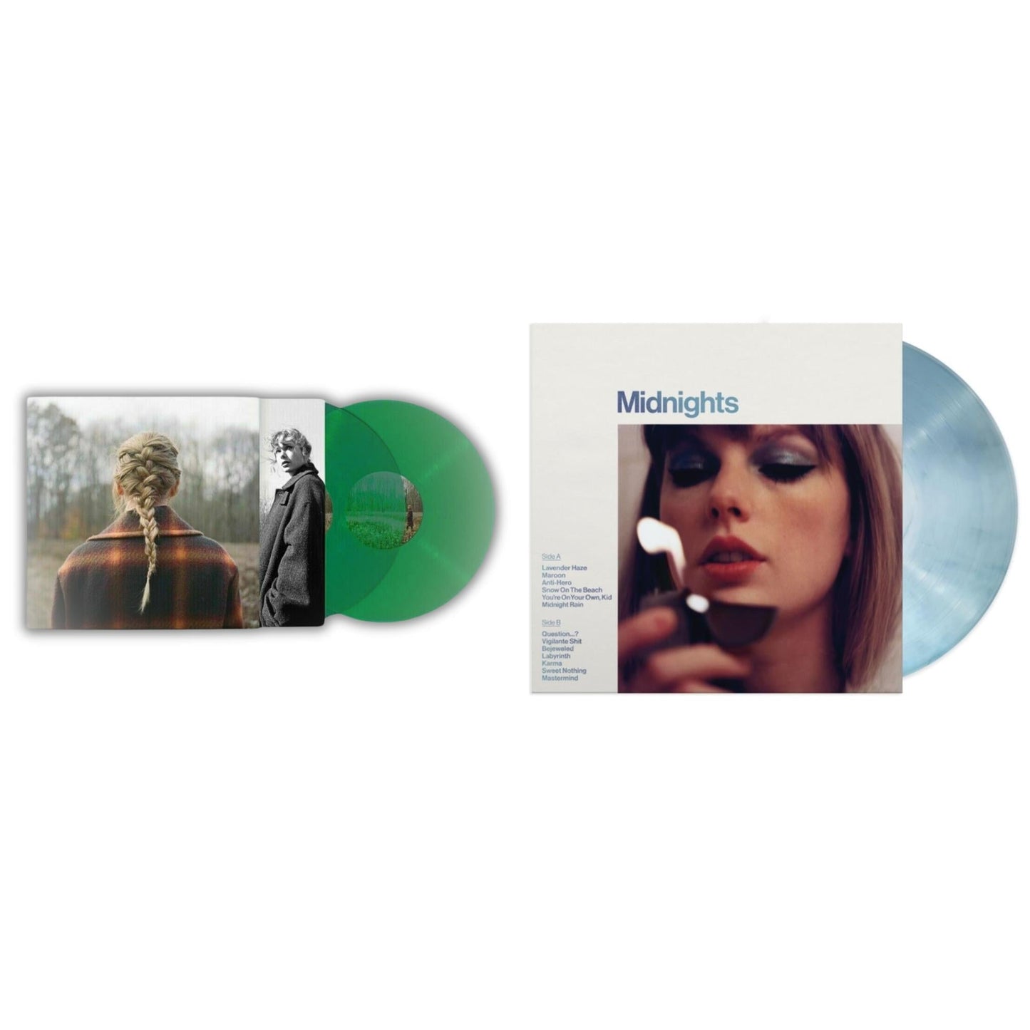 Taylor Swift - Taylor Swift - Evermore (Translucent Green Vinyl/2LP) & Midnights (X) (Moonstone Blue LP Vinyl)