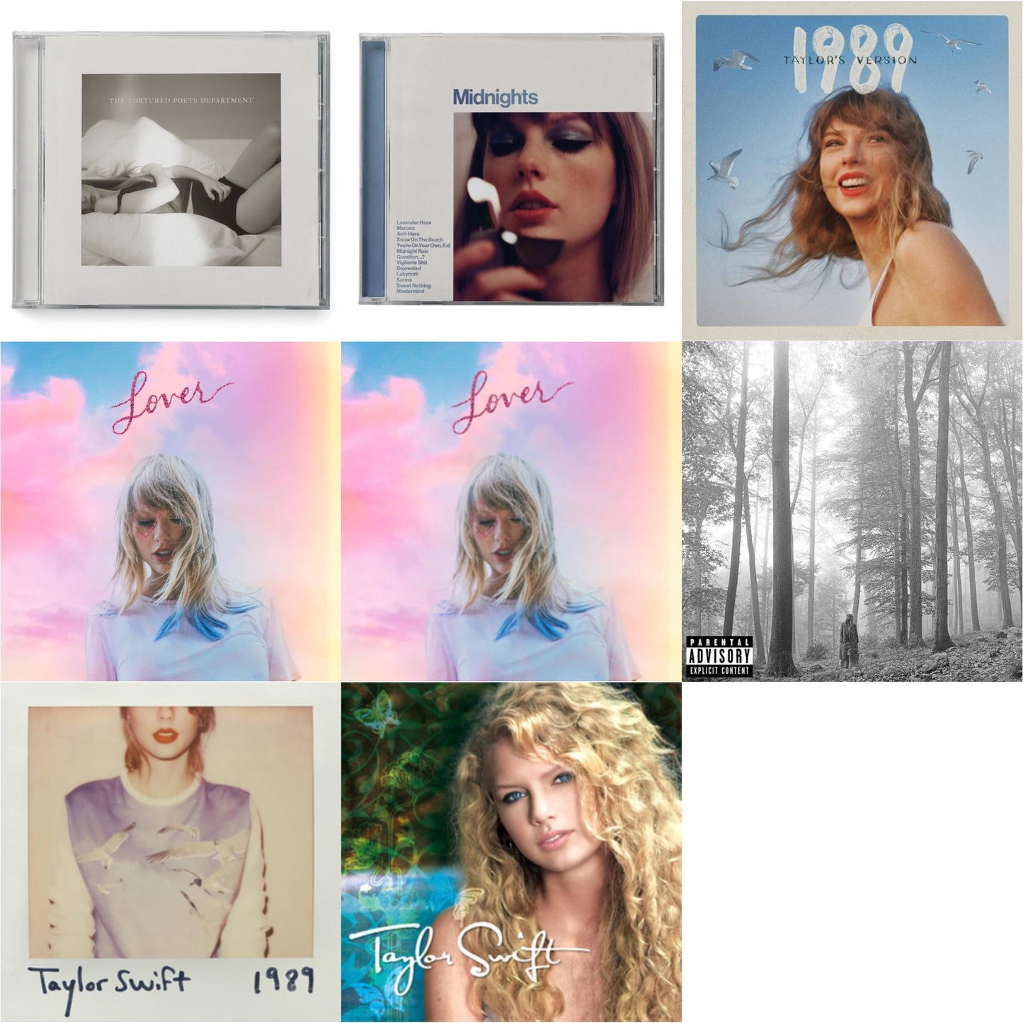 Taylor Swift - Folklore (X) & Midnights (X) (Moonstone Blue CD) & 1989 (Taylor's Version) & Tortured Poets Department (X) (Manuscript- Bonus Track) & Taylor Swift & 1989 & Lover (Deluxe) (Version 2) & Lover
