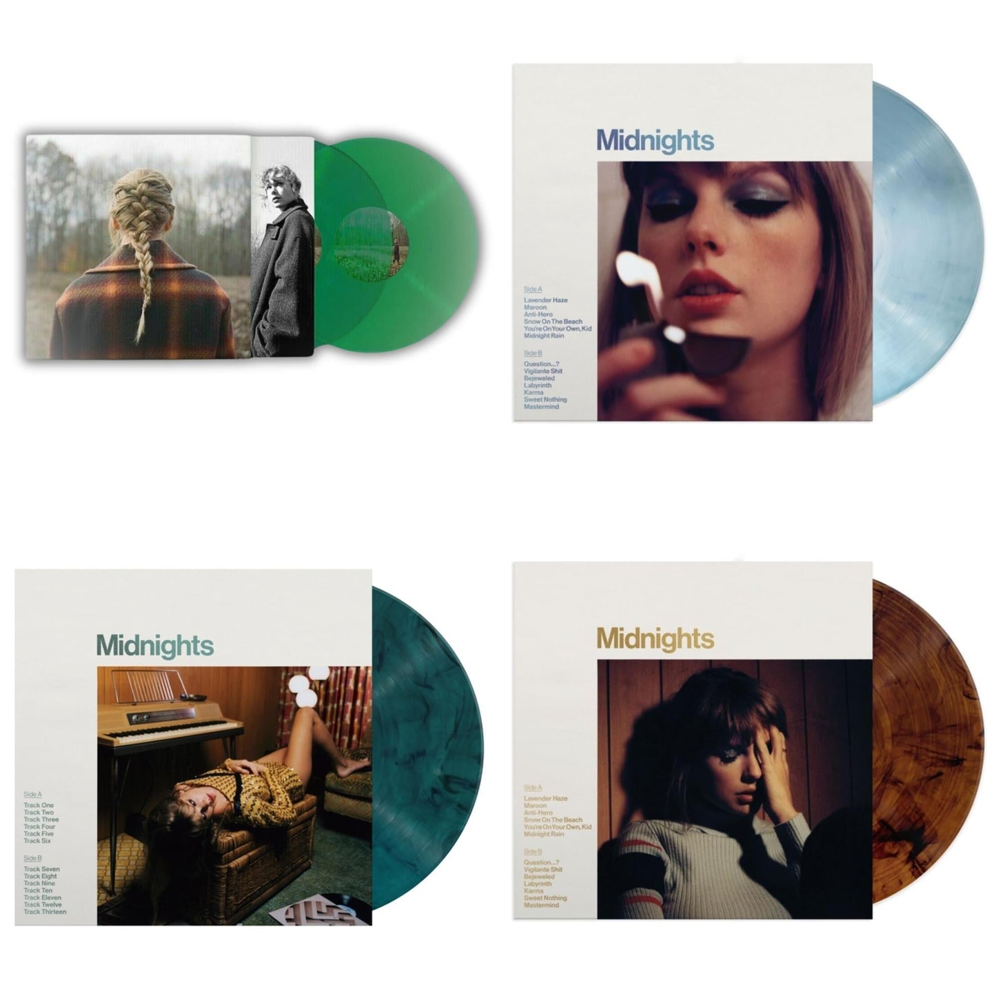 Taylor Swift - Taylor Swift - Evermore (Translucent Green Vinyl/2LP) & Midnights (X) (Moonstone Blue LP Vinyl) & Midnights (X) (Jade Green LP Vinyl) & Midnights (X) (Mahogany Color LP Vinyl)