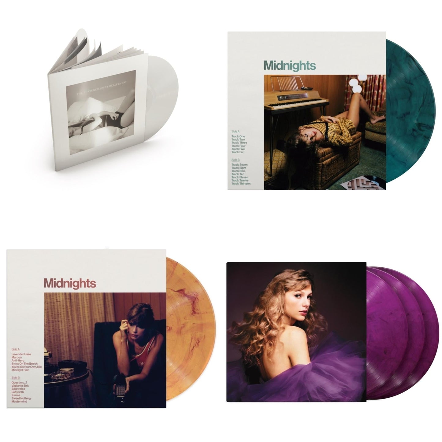 Taylor Swift - Midnights (X) (Jade Green LP Vinyl) & Midnights (X) (Blood Moon LP Vinyl) & Speak Now (Taylor's Version) (Orchid Marbled Vinyl/3LP) & Tortured Poets Department (X) (Ghosted White Vinyl/2LP/Manuscript- Bonus Track)