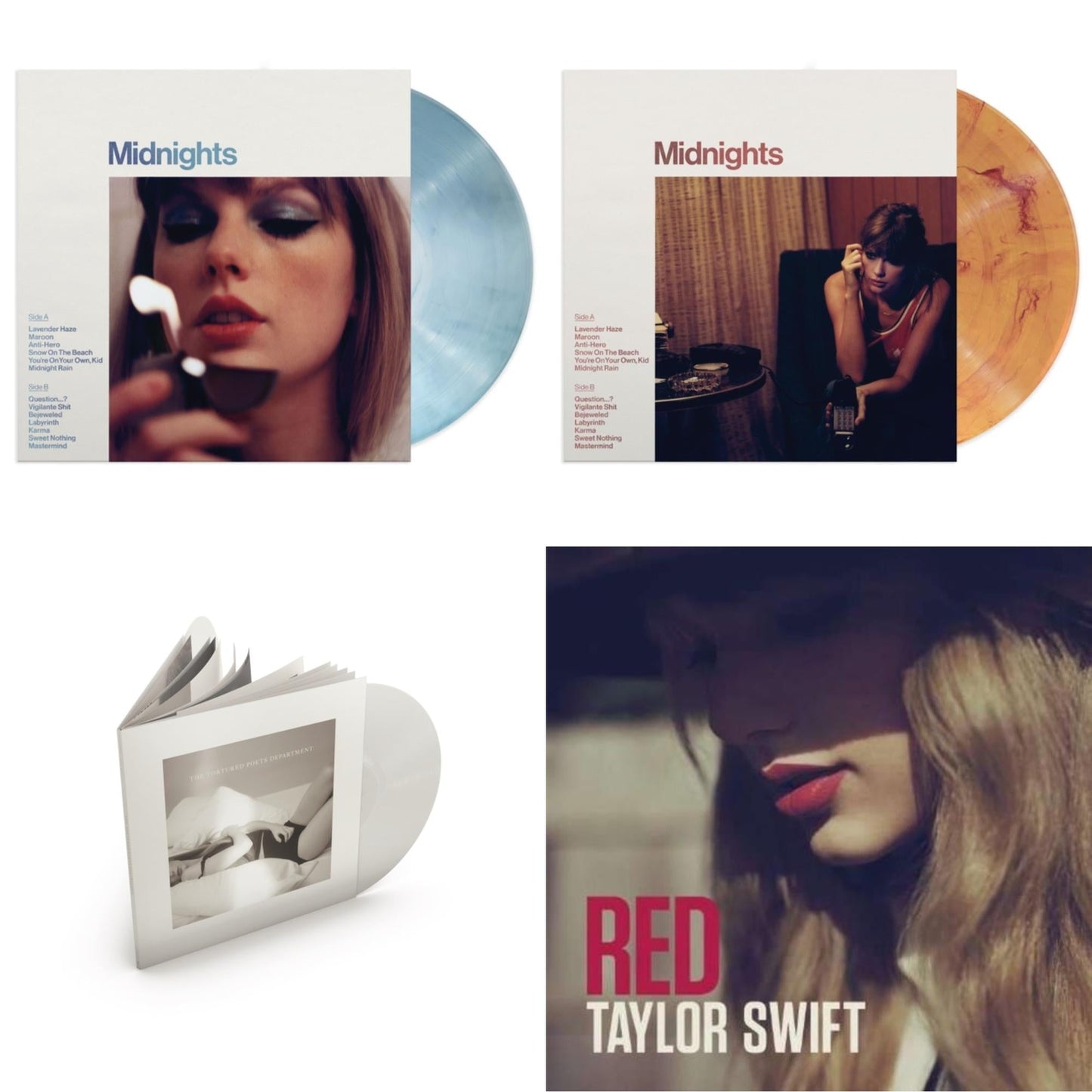 Taylor Swift - Midnights (X) (Moonstone Blue LP Vinyl) & Midnights (X) (Blood Moon LP Vinyl) & Tortured Poets Department (X) (Ghosted White Vinyl/2LP/Manuscript- Bonus Track) & Red